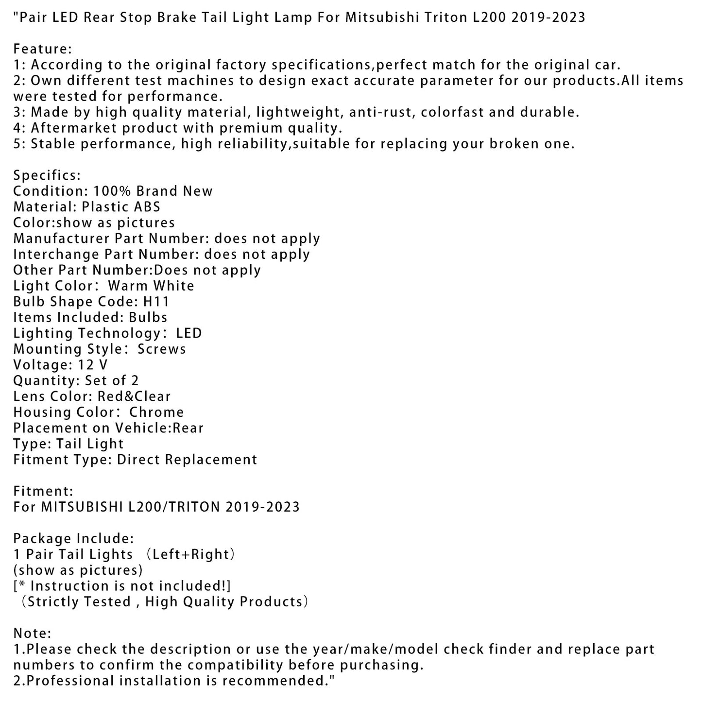 2019-2023 Mitsubishi Triton L200 Pair LED Rear Stop Brake Tail Light Lamp