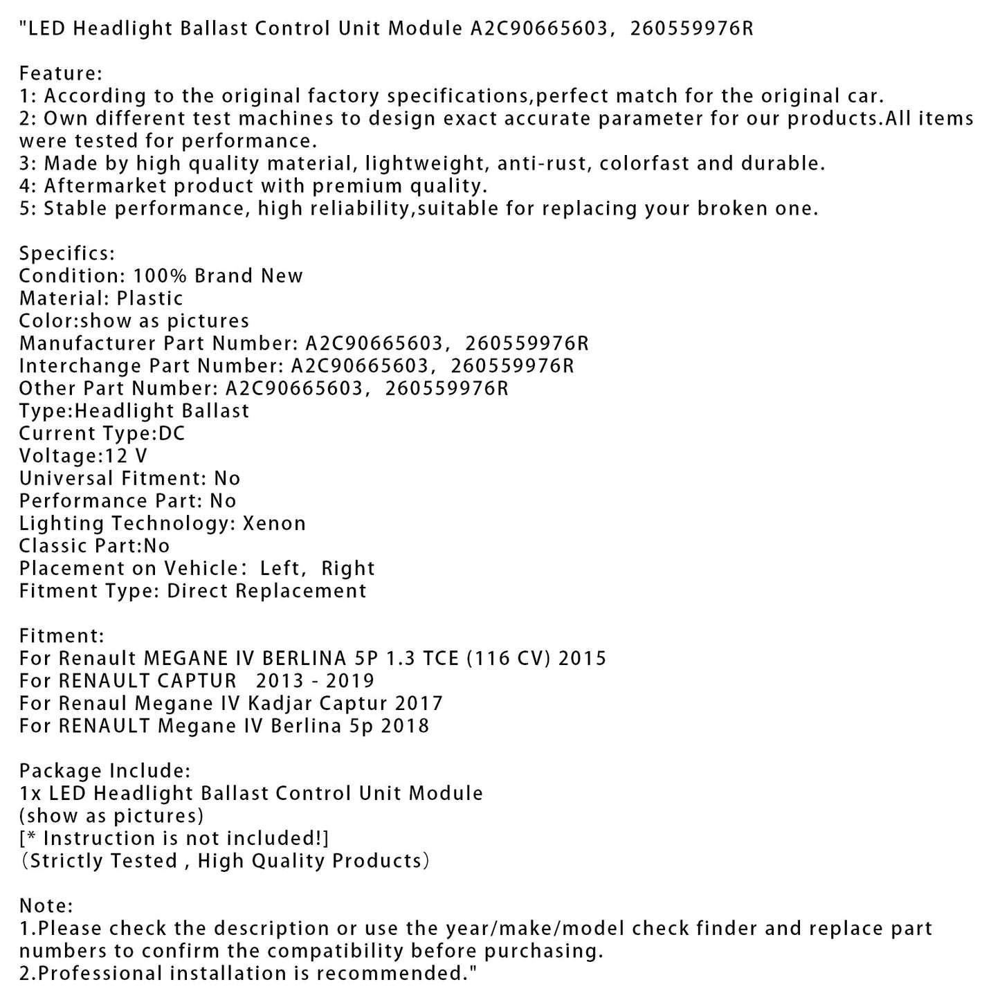LED Headlight Ballast Control Unit Module A2C90665603,260559976R