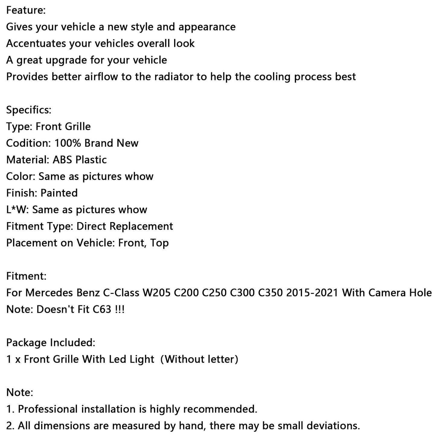 2015-2021 Mercedes W205 C250 C300 W/LED Chrome Front Bumper Grill Grille