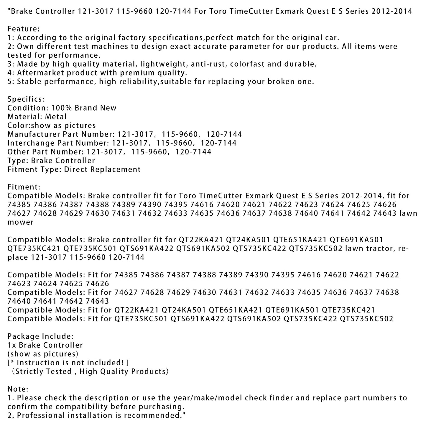 Brake Controller 121-3017 115-9660 120-7144 For Toro TimeCutter Exmark Quest E