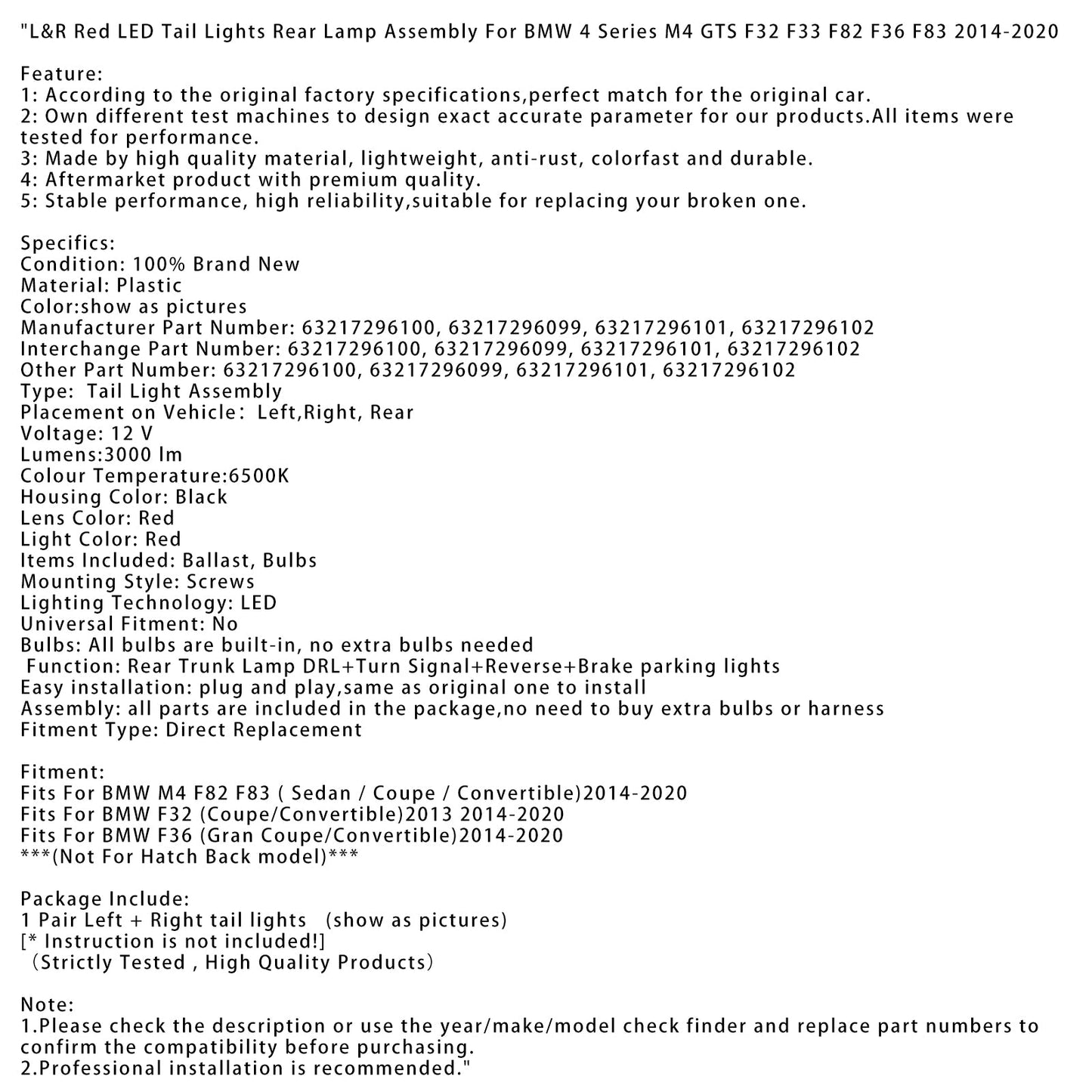 2014-2020 BMW M4 F82 F83 ( Sedan / Coupe / Convertible) L&R Red LED Tail Lights Rear Lamp Assembly 63217296100 63217296099