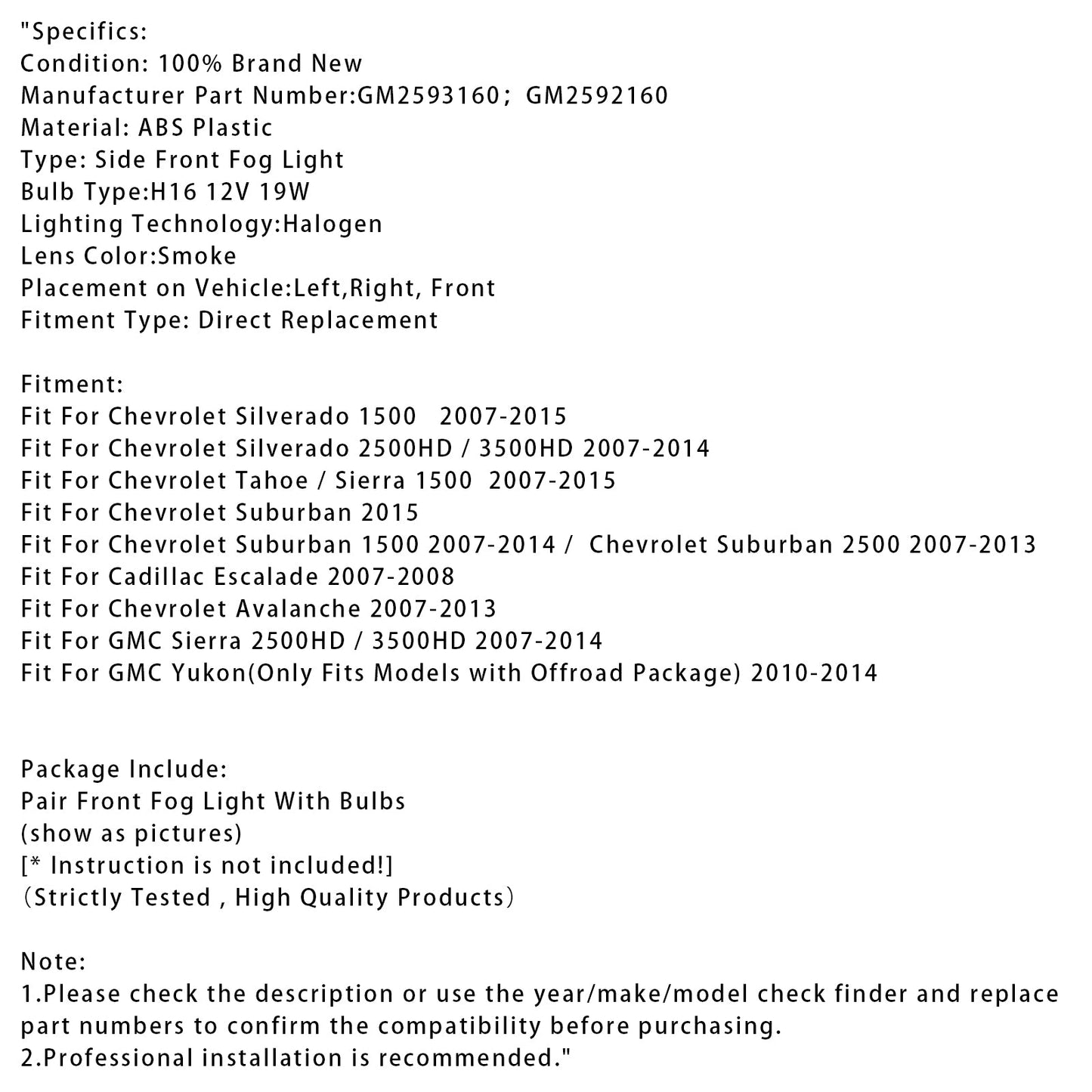 Pair Front Fog Light Lamps With Bulbs For Chevy Silverado 2007-2013 Smoked Lens