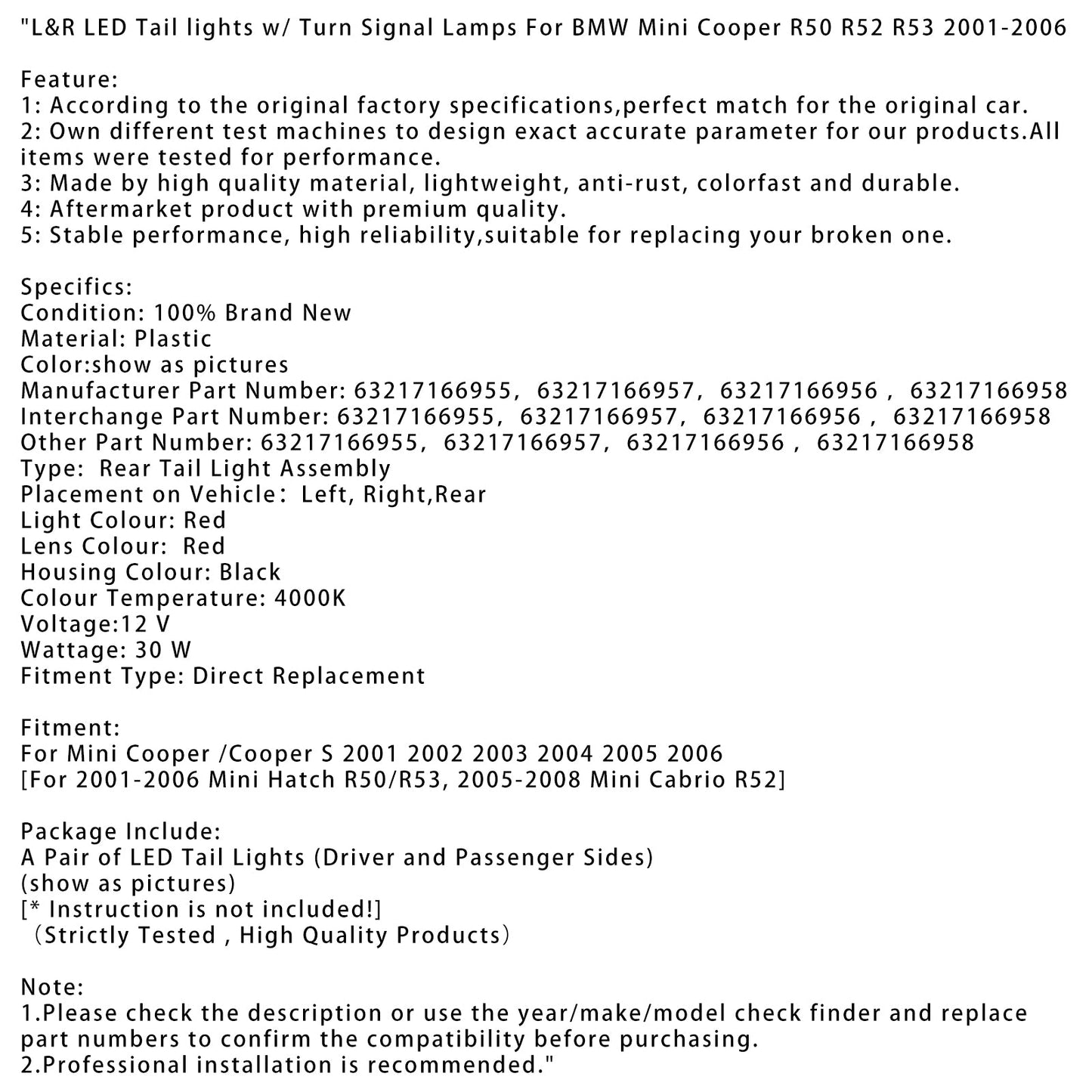 2001 2002 2003 2004 2005 2006 BMW Mini Cooper R50 R52 R53 L&R LED Tail lights w/ Turn Signal Lamps