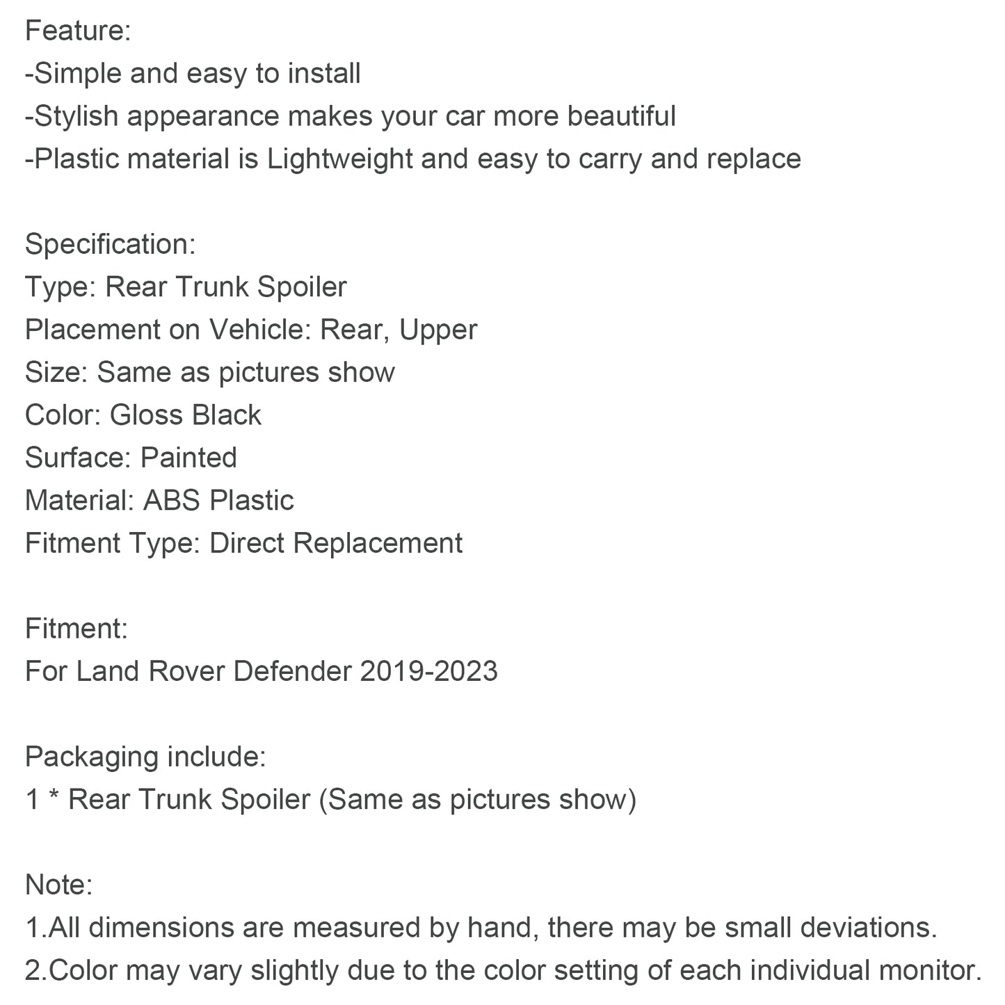 2019-2023 Land Rover Defender Rear Spoiler Roof Wing Lip L663 Gloss Black