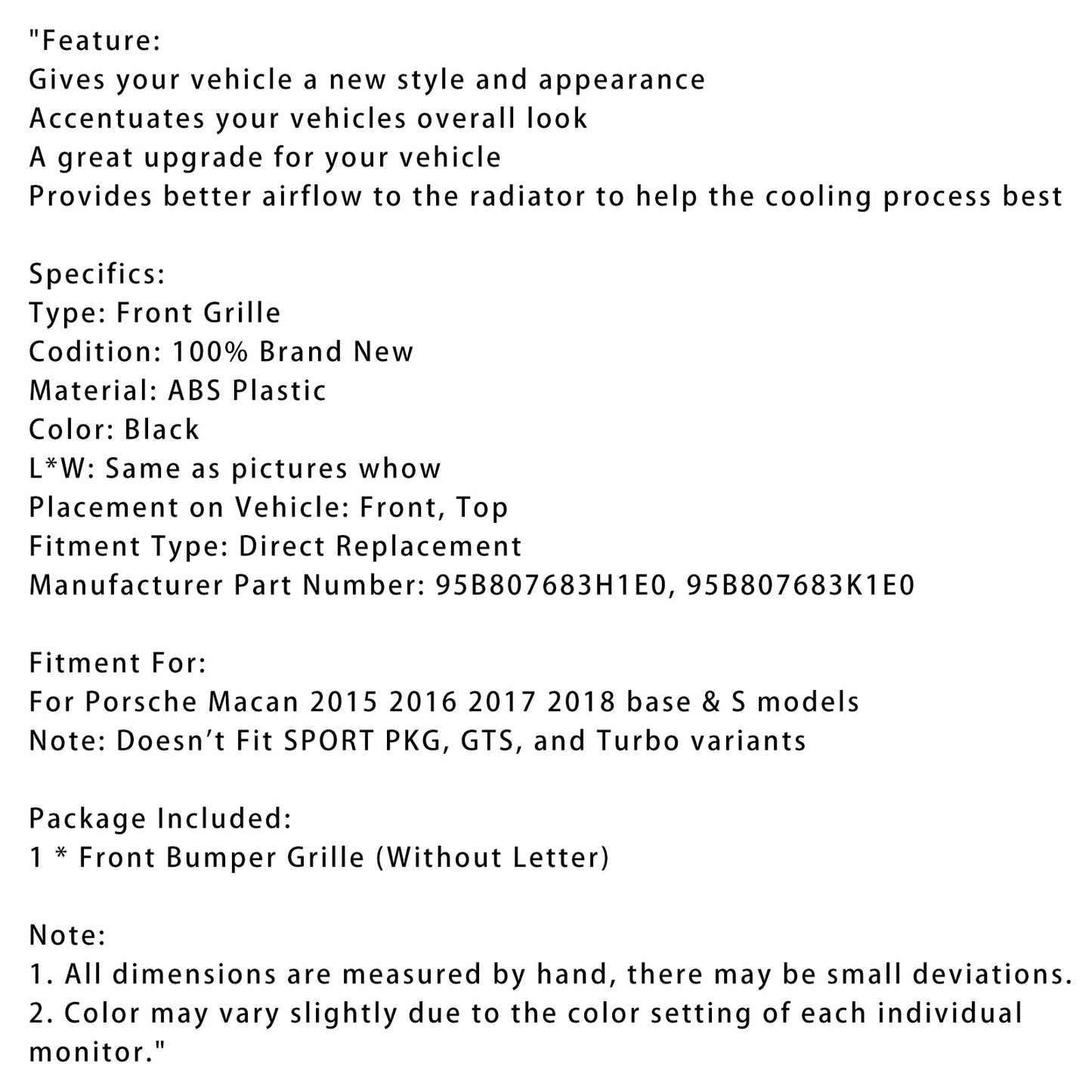 2015-2018 Porsche Macan Black Front Bumper Grill Grille 95B807683H1E0