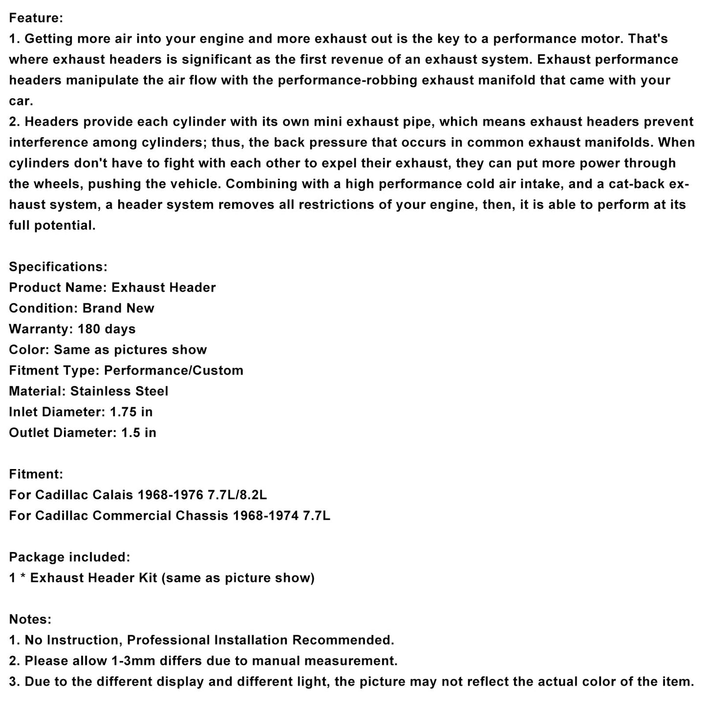 Exhaust Manifold Header Fit Cadillac Calais 1968-1976 Fit Chassis 1968-1974