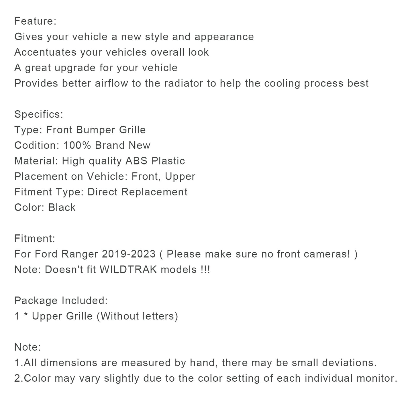 2019-2023 Ford Ranger T8 Front Bumper Grill Grille Black