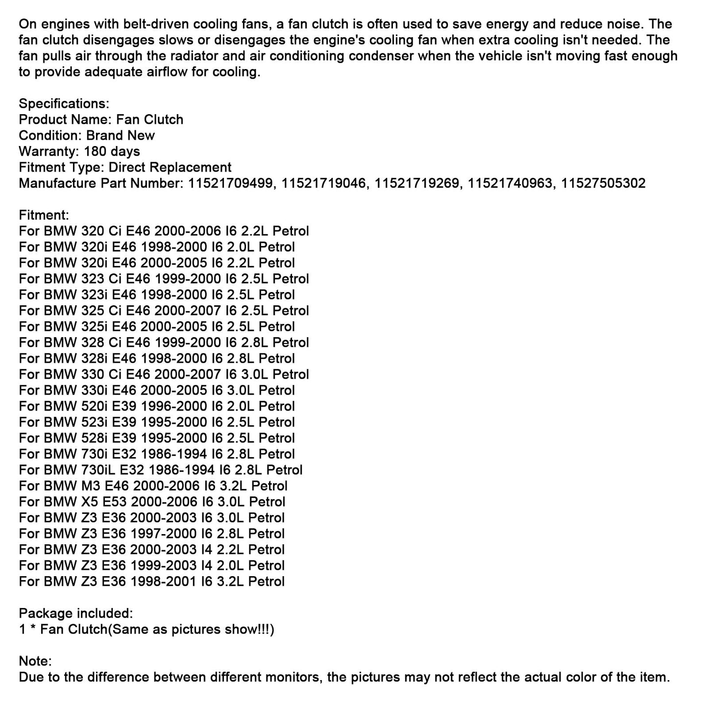 2000-2005 BMW 325i E46 I6 2.5L Petrol Radiator Cooling Fan Clutch 11521719269 11521719046