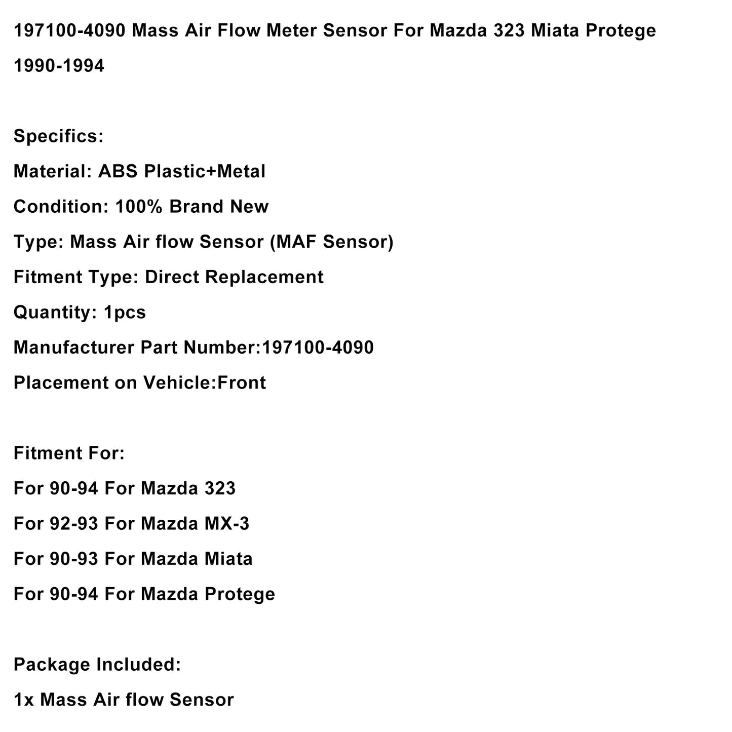 1990-1994 For Mazda 323 Mass Air Flow Meter Sensor 197100-4090