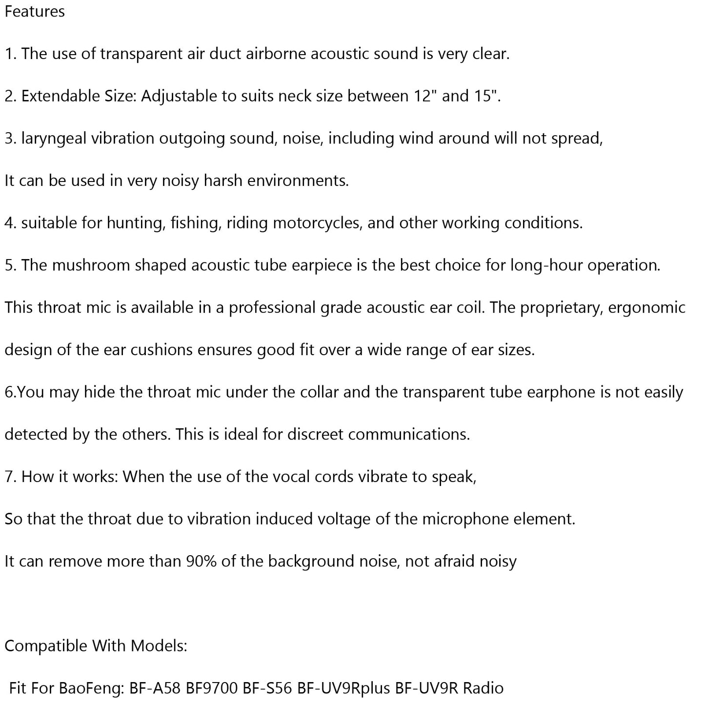 Throat Mic Headset Air Tube Fit for BaoFeng BF-A58 BF9700 BF-S56 BF-UV9Rplus