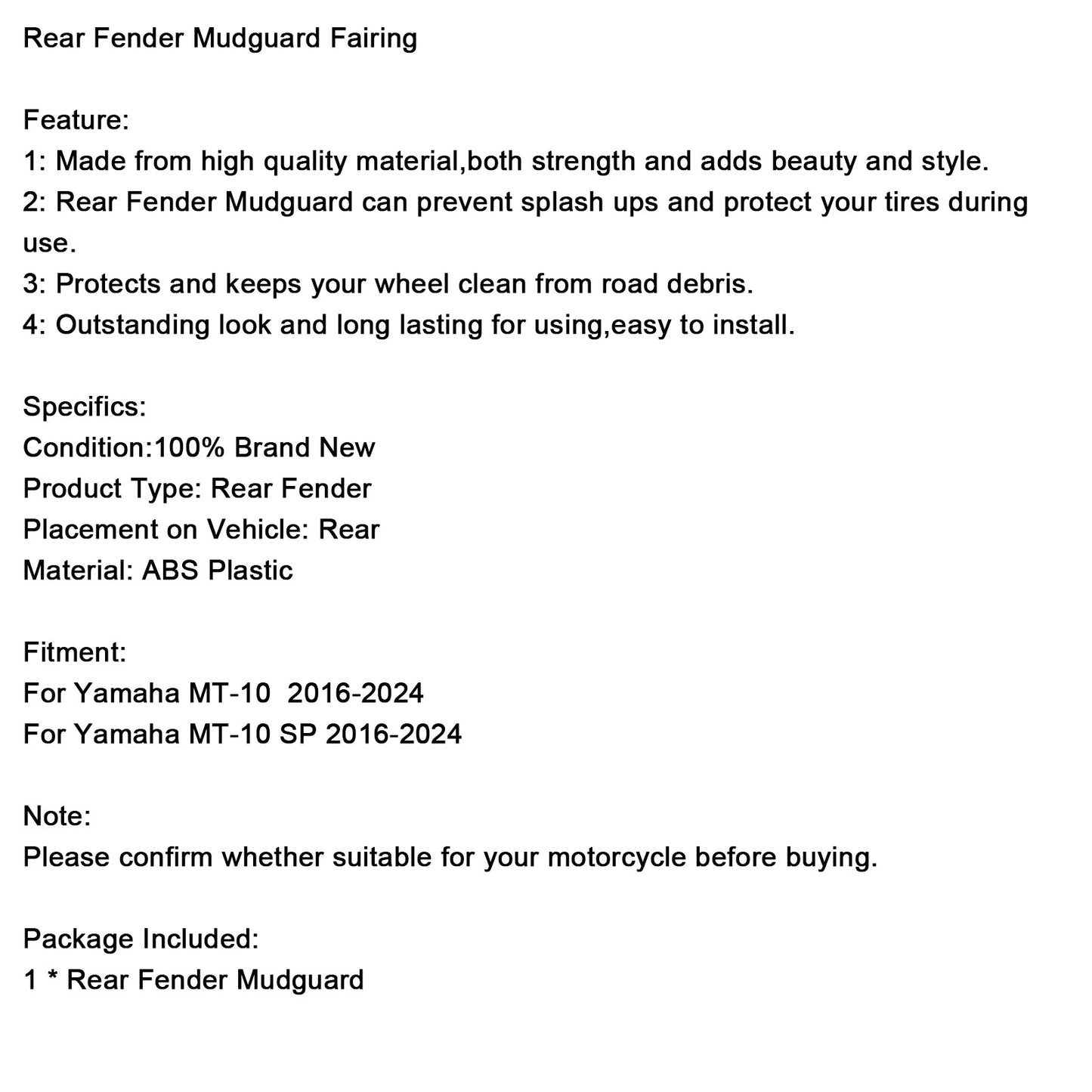 Rear Fender Mudguard Fairing For Yamaha MT-10 / SP MT10 2016-2024