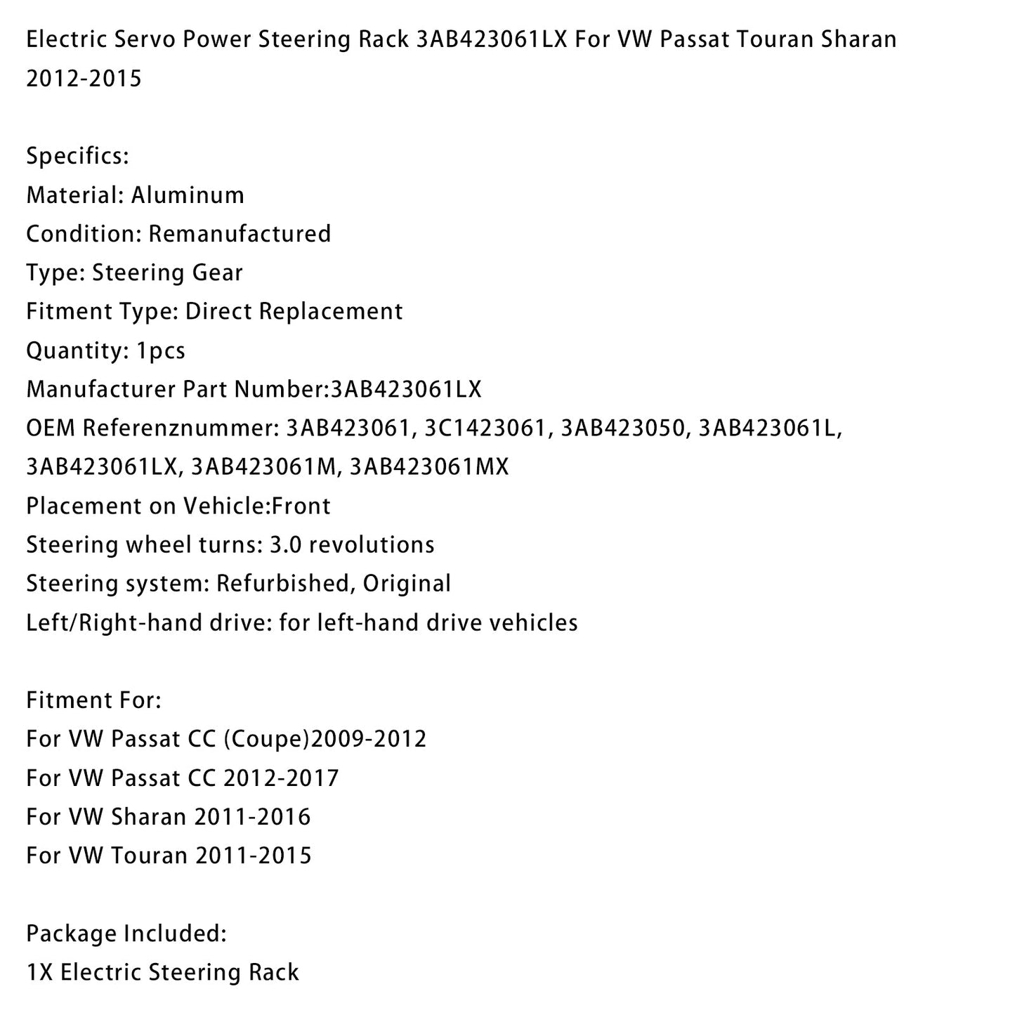 2012-2017 VW Passat CC Electric Servo Power Steering Rack 3AB423061LX
