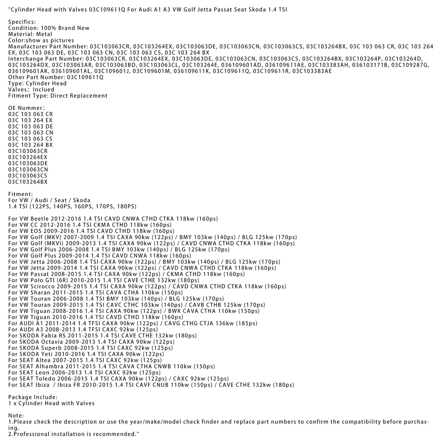 2008-2015 SKODA Superb 1.4 TSI CAXC 92kw (125ps) Cylinder Head with Valves 03C109611Q