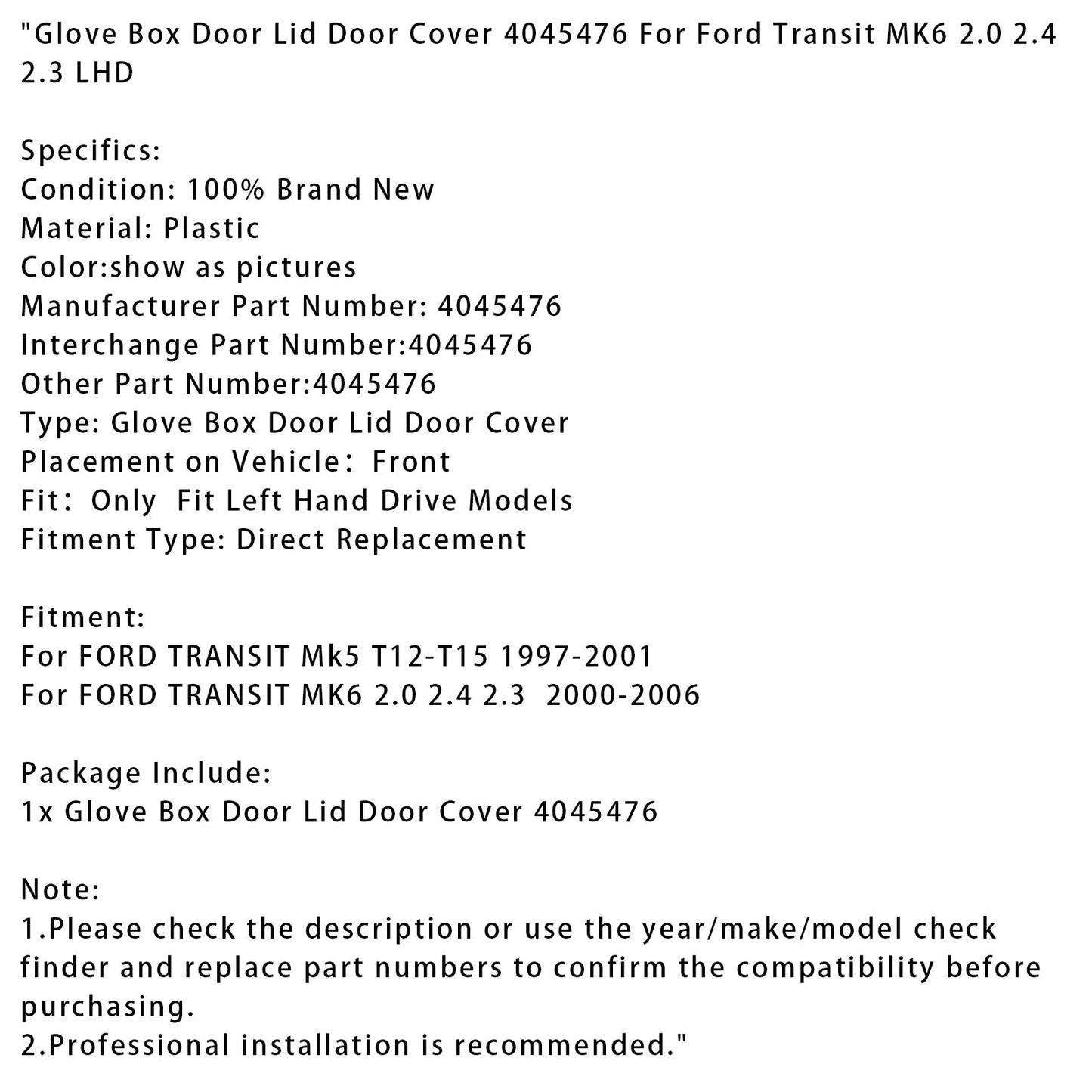 Glove Box Door Lid Door Cover 4045476 For Ford Transit MK6 2.0 2.4 2.3 LHD