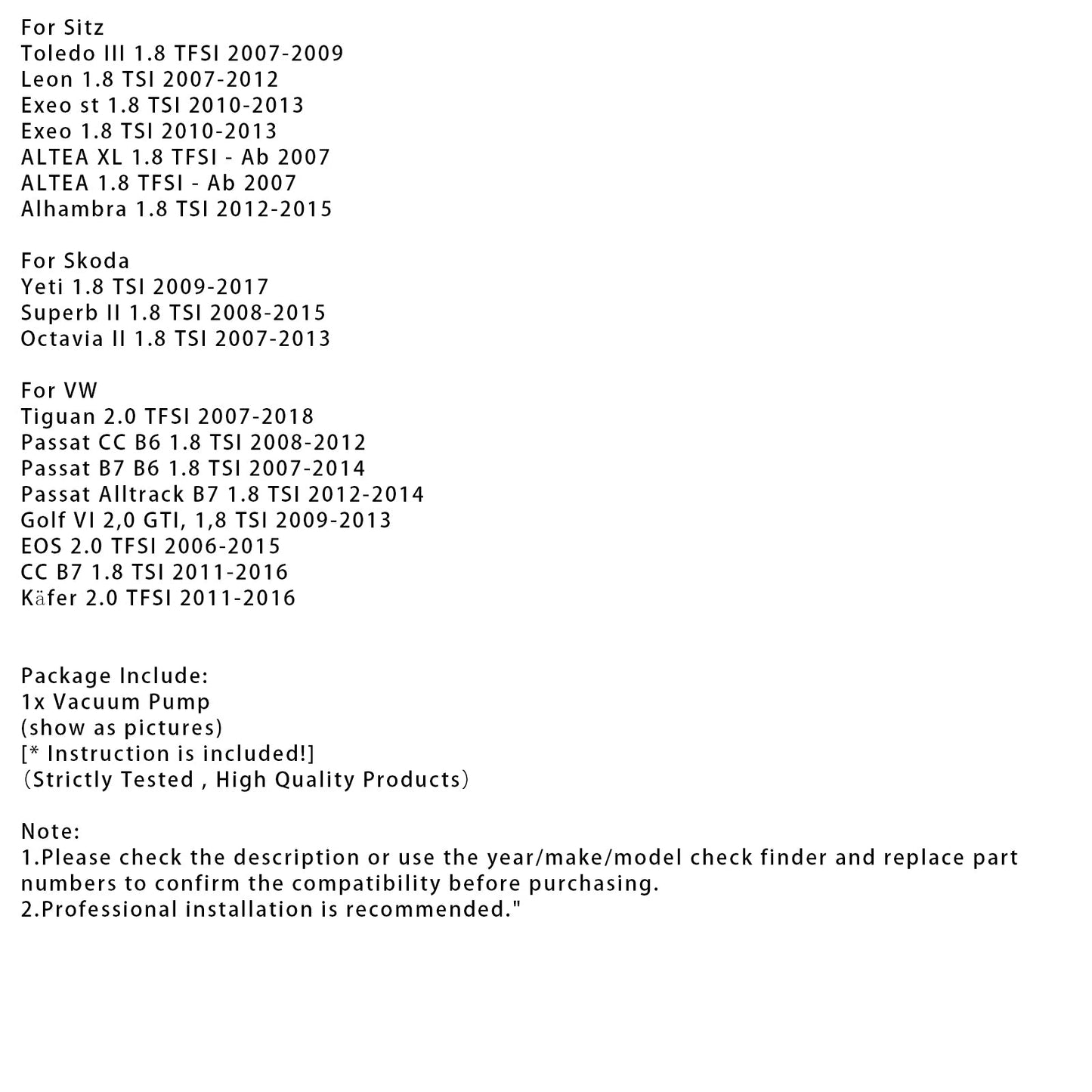 2007-2013 Skoda Octavia II 1.8 TSI Vacuum Pump 06J145100N 7.24807.28.0 Generic