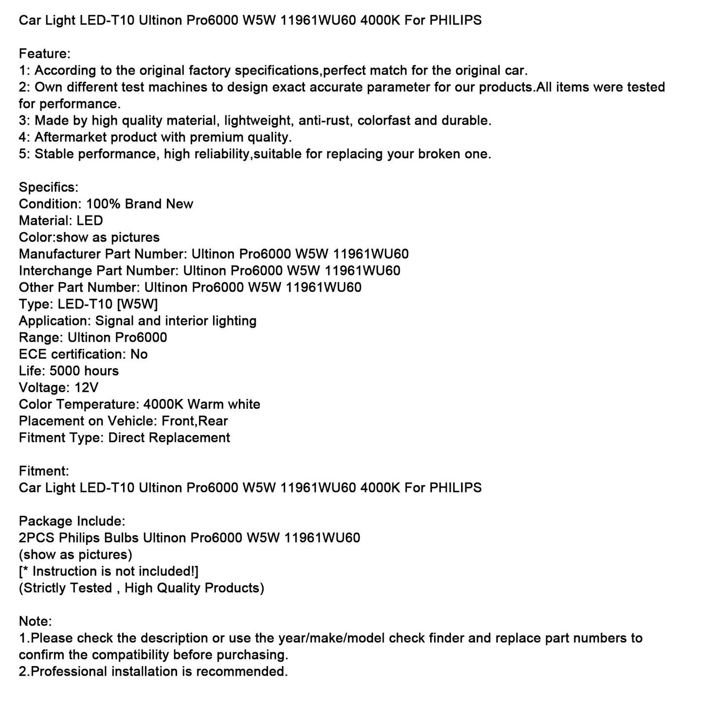Car Light LED-T10 Ultinon Pro6000 W5W 11961WU60 4000K For PHILIPS