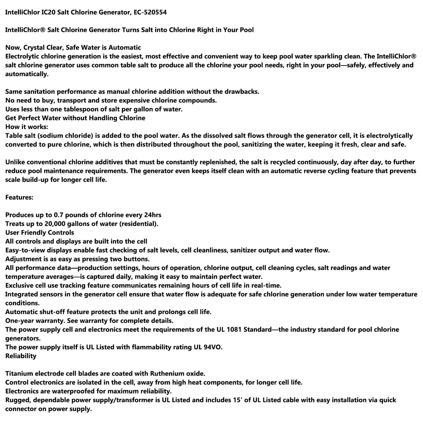 IC20 EC-520554 Salt Chlorinator Sanitizer 20,000-gallon Saltwater Pool