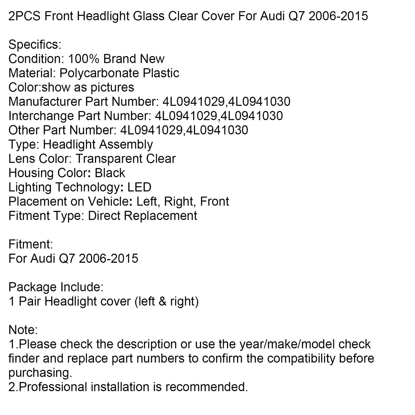 2PCS Front Headlight Glass Clear Cover For Audi Q7 2006-2015