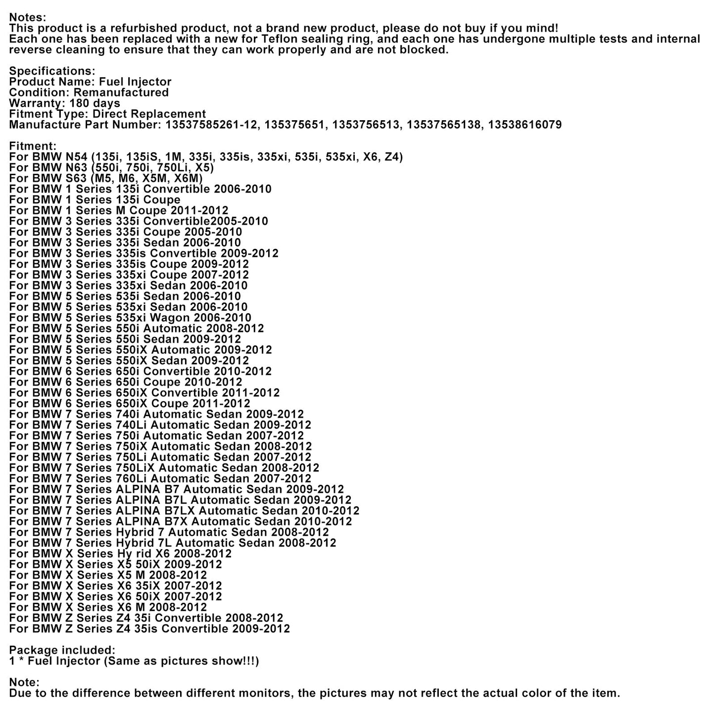 2006-2010 BMW 1 Series 135i Convertible 1PCS Fuel Injector 13537585261-12 135375651
