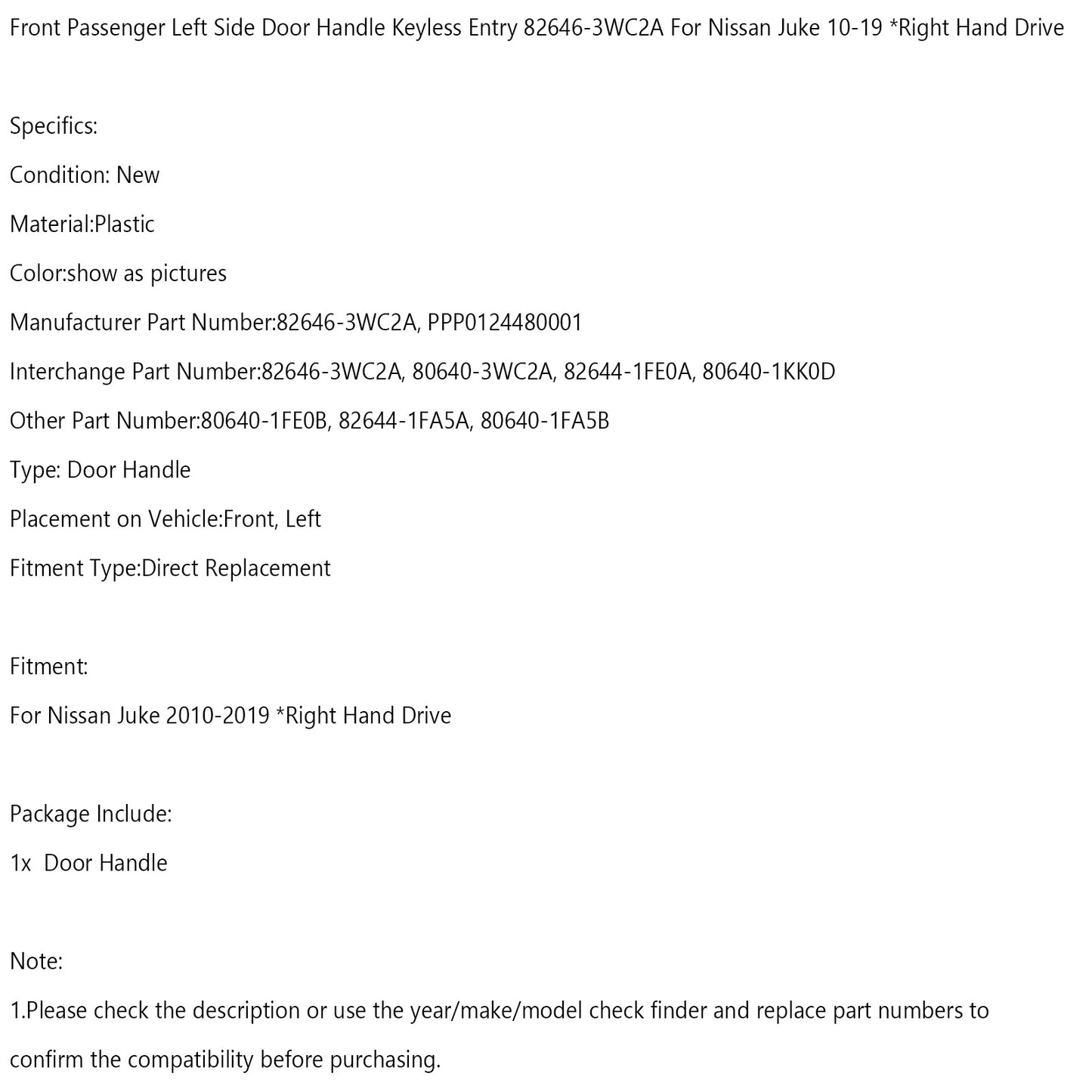 Front Passenger Left Side Door Handle Keyless Entry 82646-3WC2A For Juke 10-19