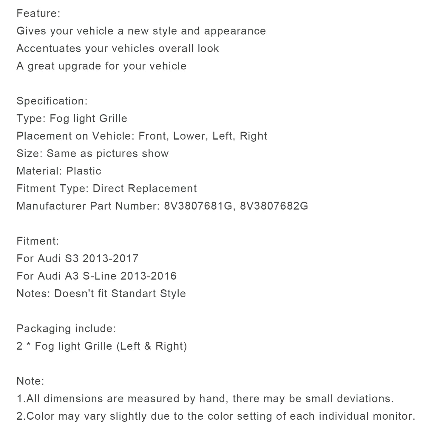 Lower Bumper Fog Light Cover Grill Grille Fit AUDI A3 S3 S-Line 2013-2016