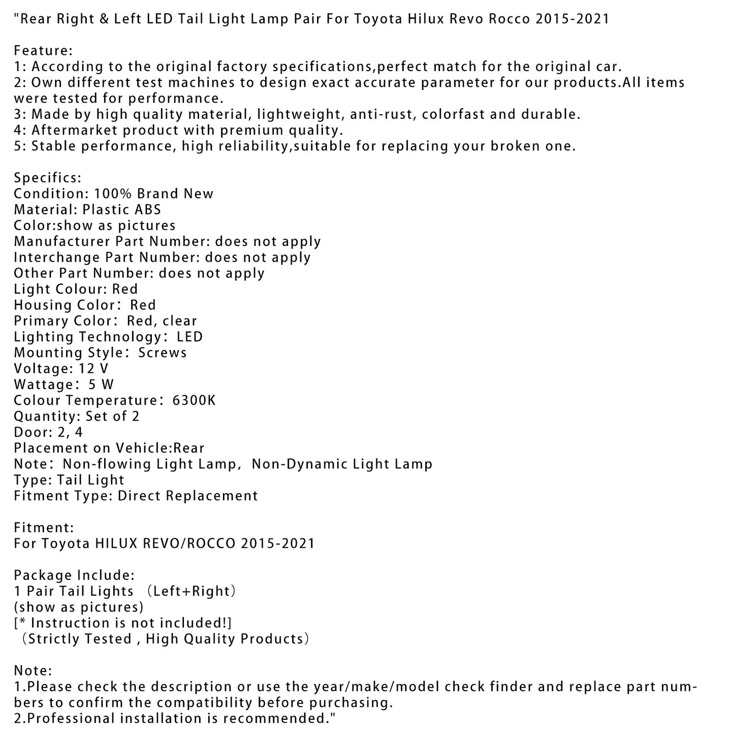 2015-2021 Toyota Hilux Revo Rocco Rear Right & Left LED Tail Light Lamp Pair