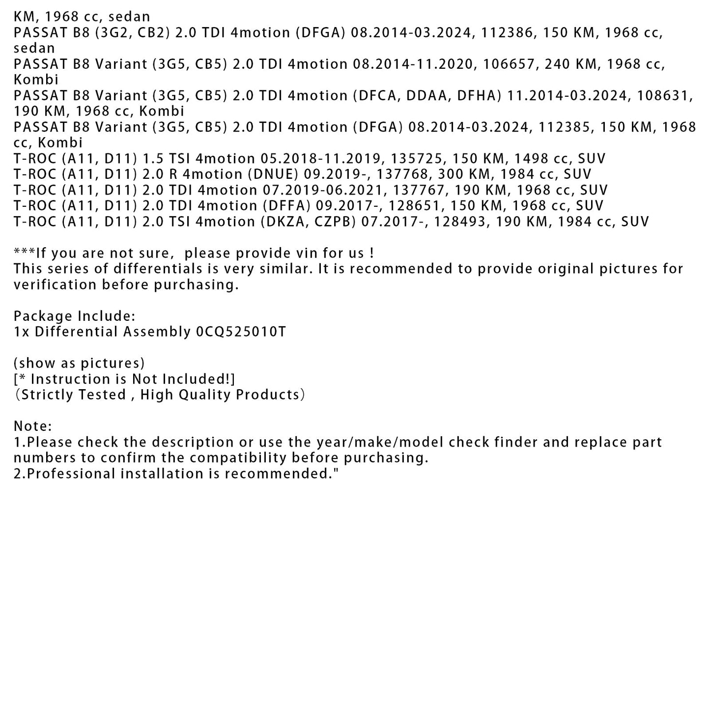 08.2014-11.2020 Volkswagen VW PASSAT B8 Variant (3G5, CB5) 2.0 TDI 4motion Cupra Rear Axle Gear Differential 0CQ525010T
