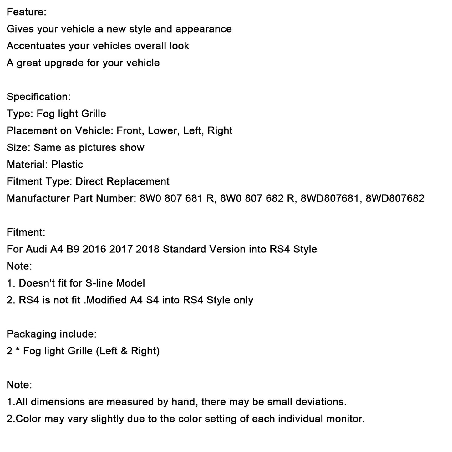 2016-2018 AUDI A4 B9 2PCS Front Fog Light Grill Lower Bumper Grille