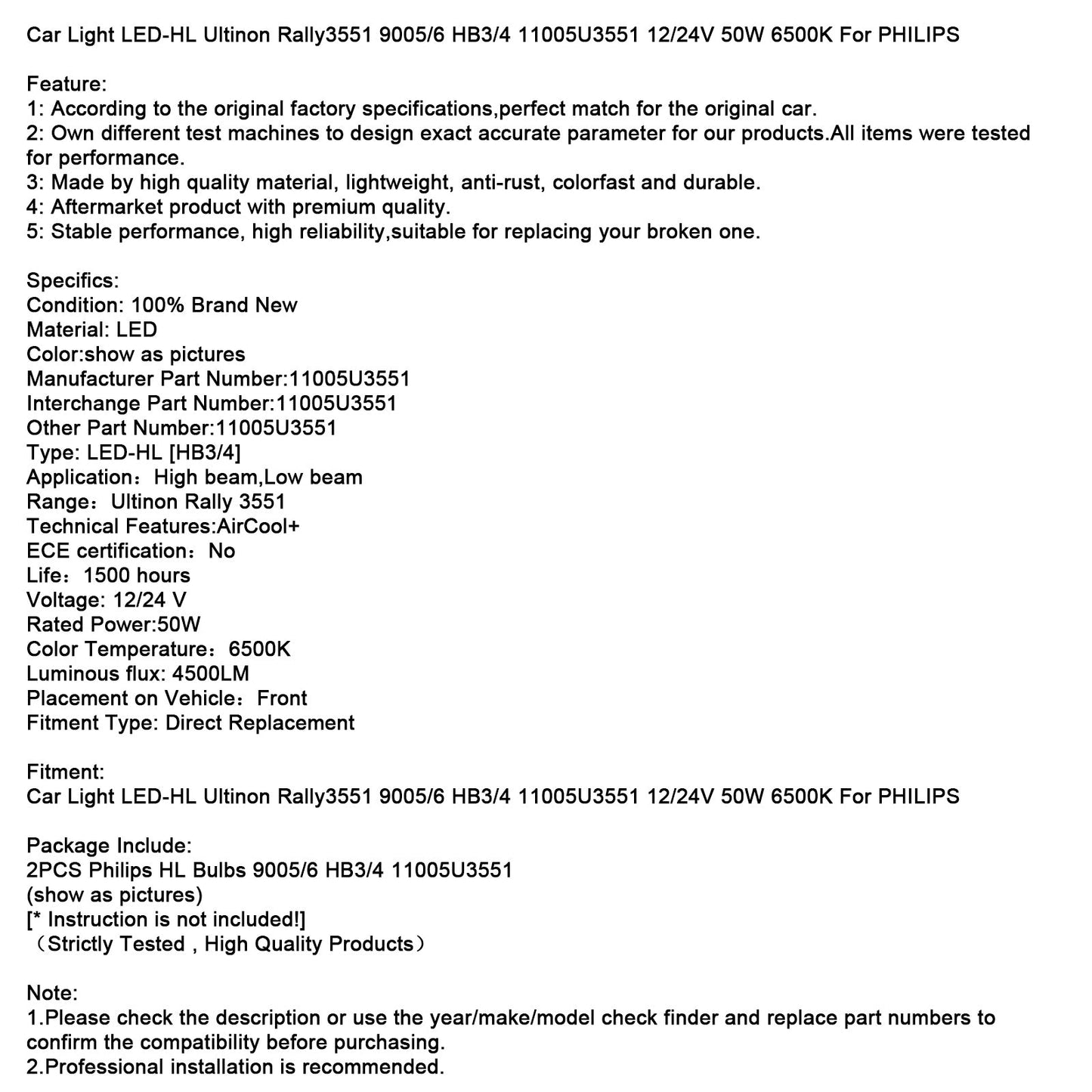 Car Light LED-HL Ultinon Rally3551 9005/6 HB3/4 12/24V 50W 6500K For PHILIPS