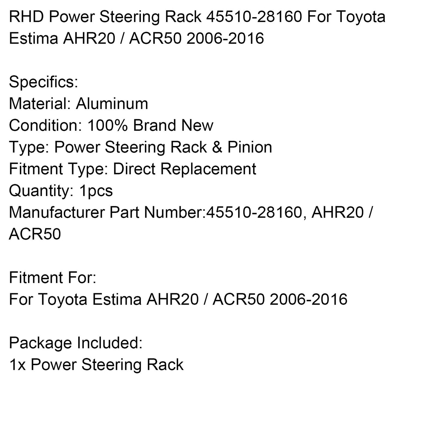2006-2016 Toyota Estima AHR20 / ACR50 RHD Power Steering Rack 45510-28160