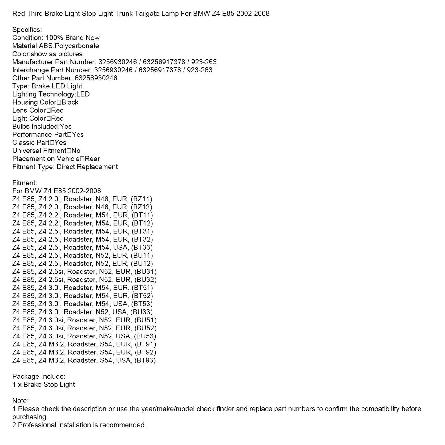 Red Third Brake Light Stop Light Trunk Tailgate Lamp For BMW Z4 E85 2002-2008