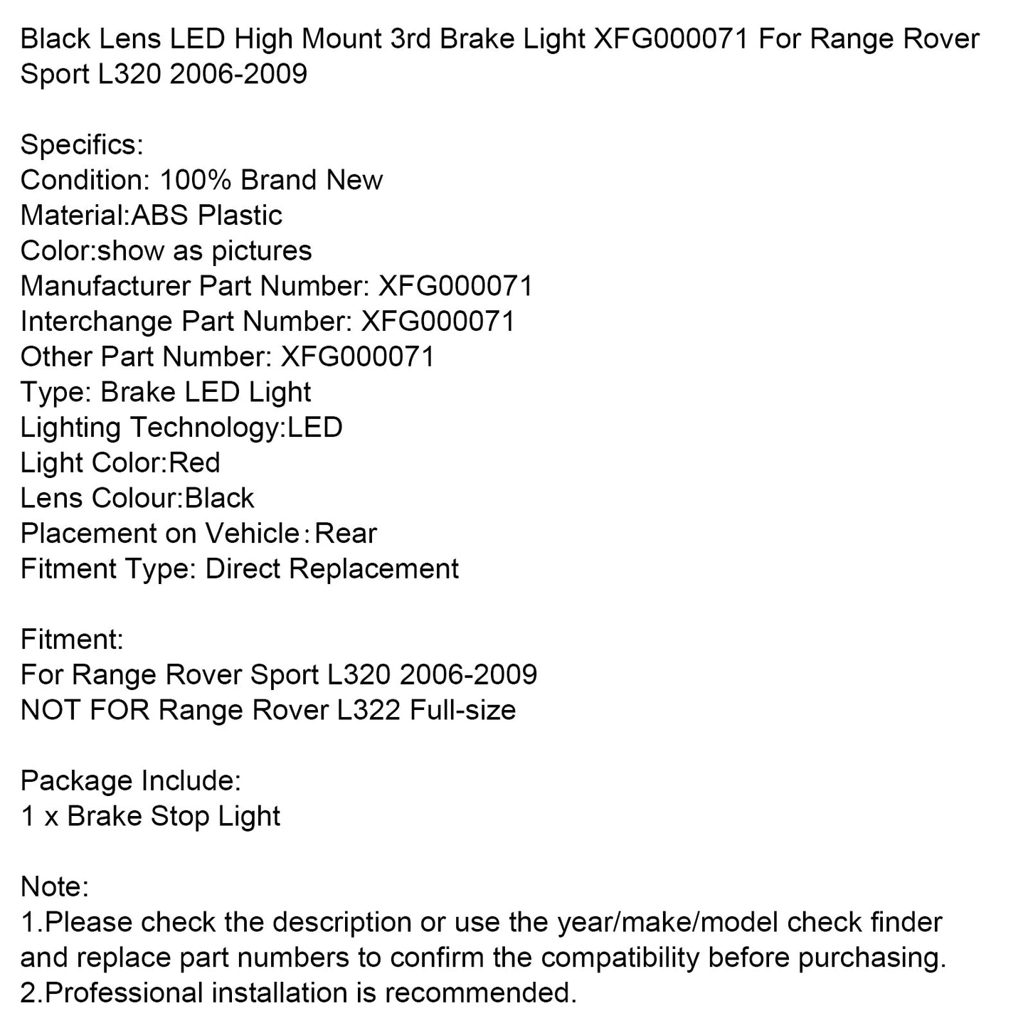 2006-2009 Range Rover Sport L320 Black Lens High Mount Brake Light XFG000071