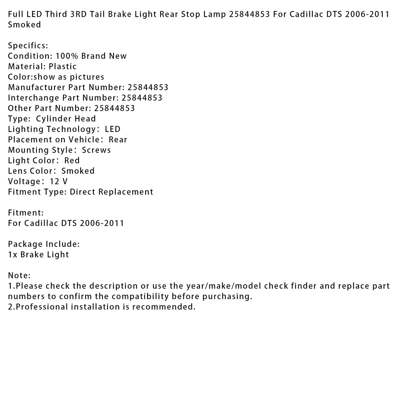 2006-2011 Cadillac DTS Full LED Third 3RD Tail Brake Light Rear Stop Lamp Smoked 25844853