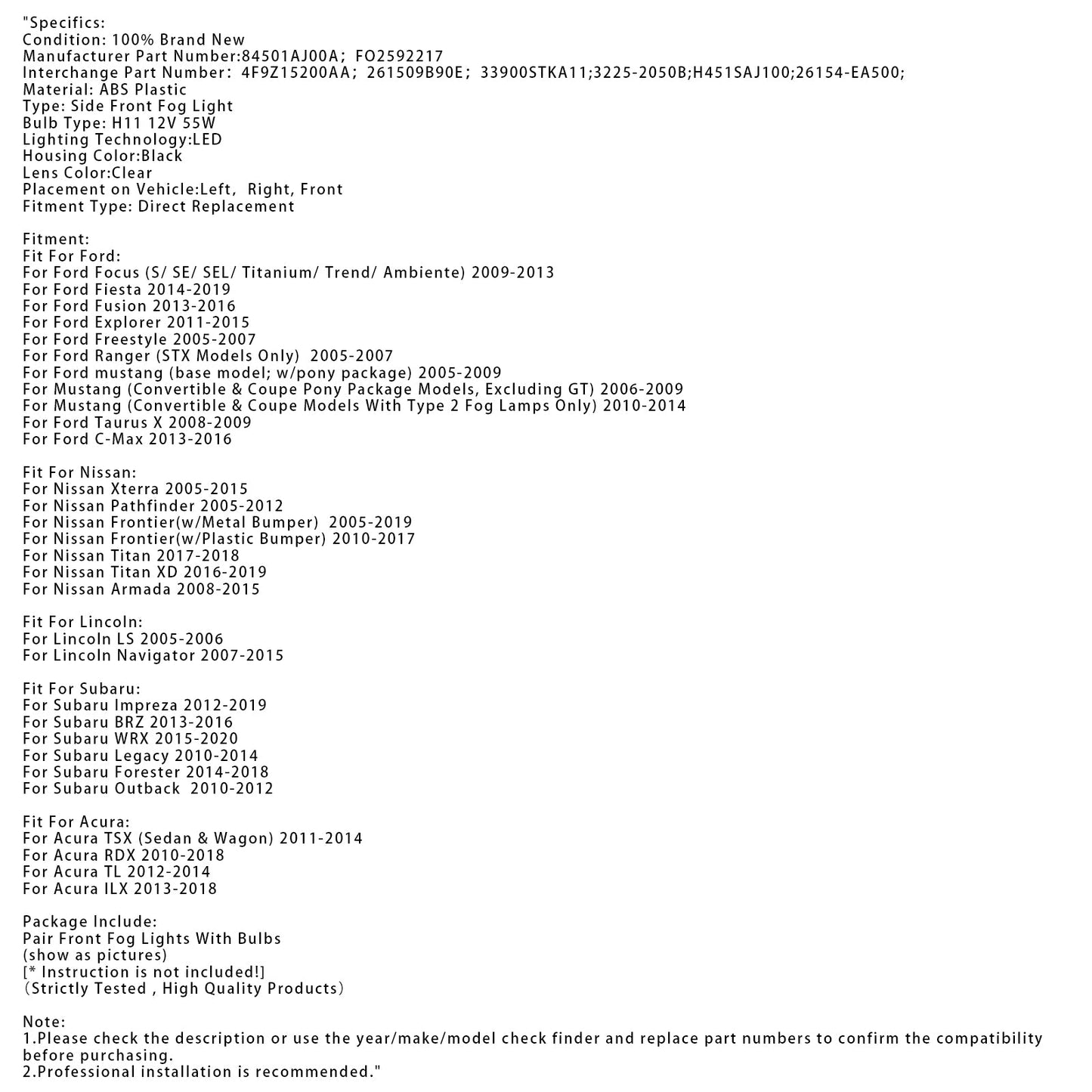 Pair LED Daytime Running Fog Lights For Nissan Frontier 2005-2019 84501AJ00A