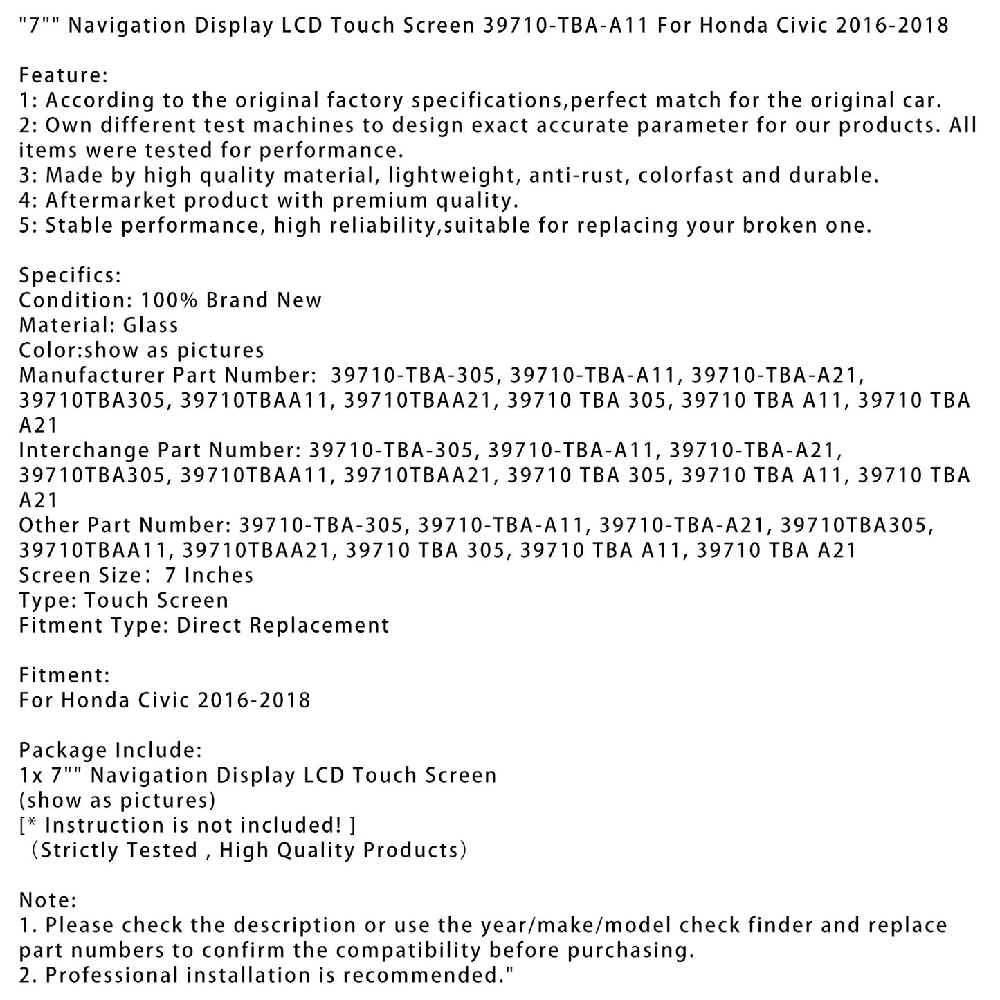 2016-2018 Honda Civic 7" Navigation Display LCD Touch Screen 39710-TBA-A11