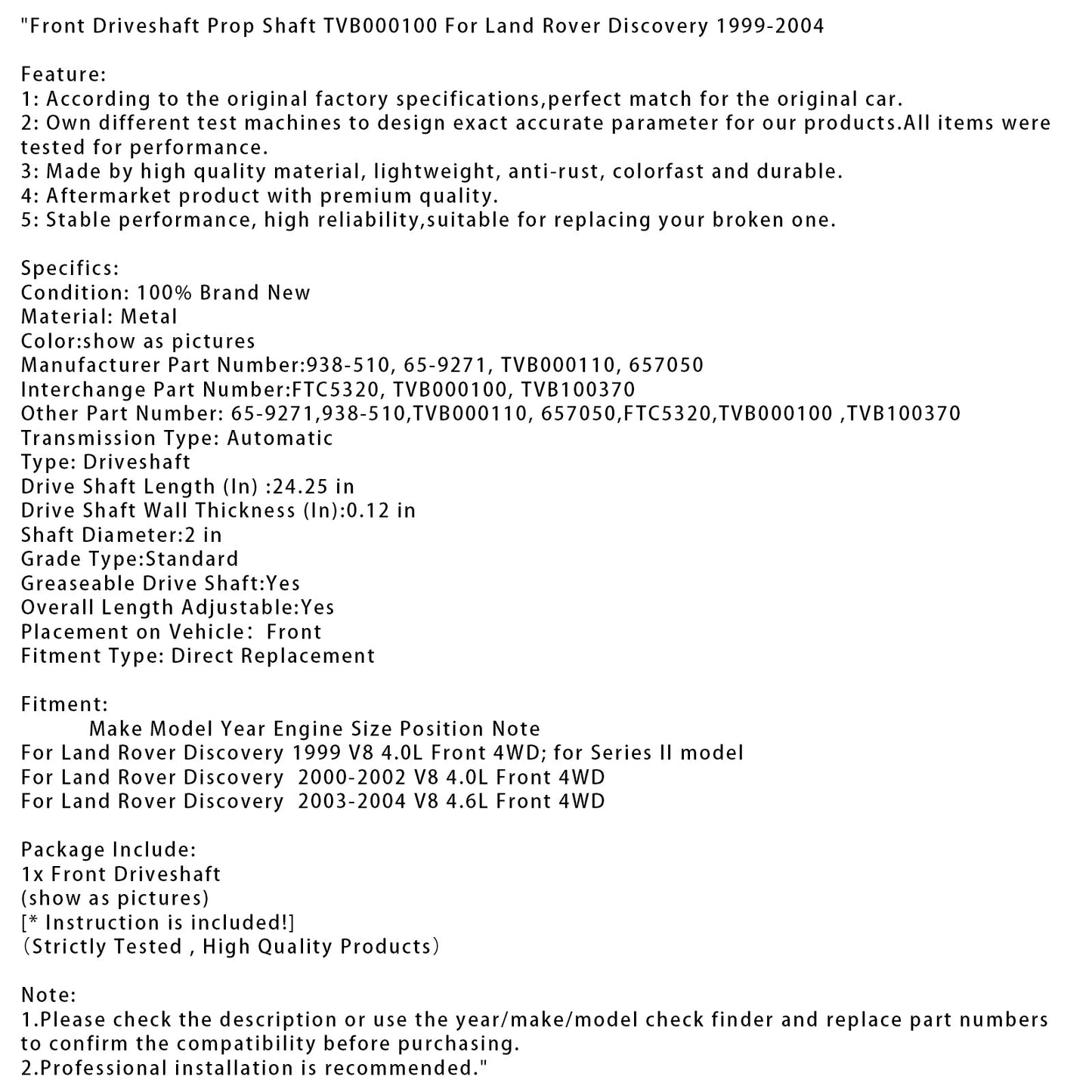 Front Driveshaft Prop Shaft TVB000100 For Land Rover Discovery 1999-2004