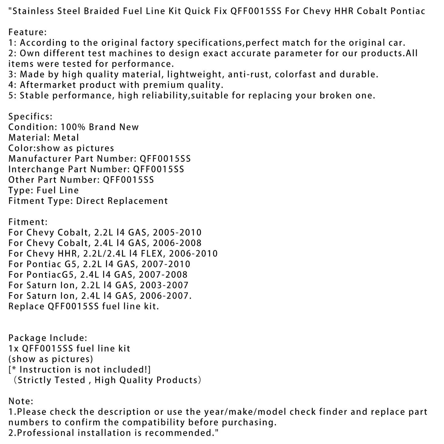 2003-2007 Saturn Ion, 2.2L l4 GAS, Stainless Steel Braided Fuel Line Kit Quick Fix QFF0015SS
