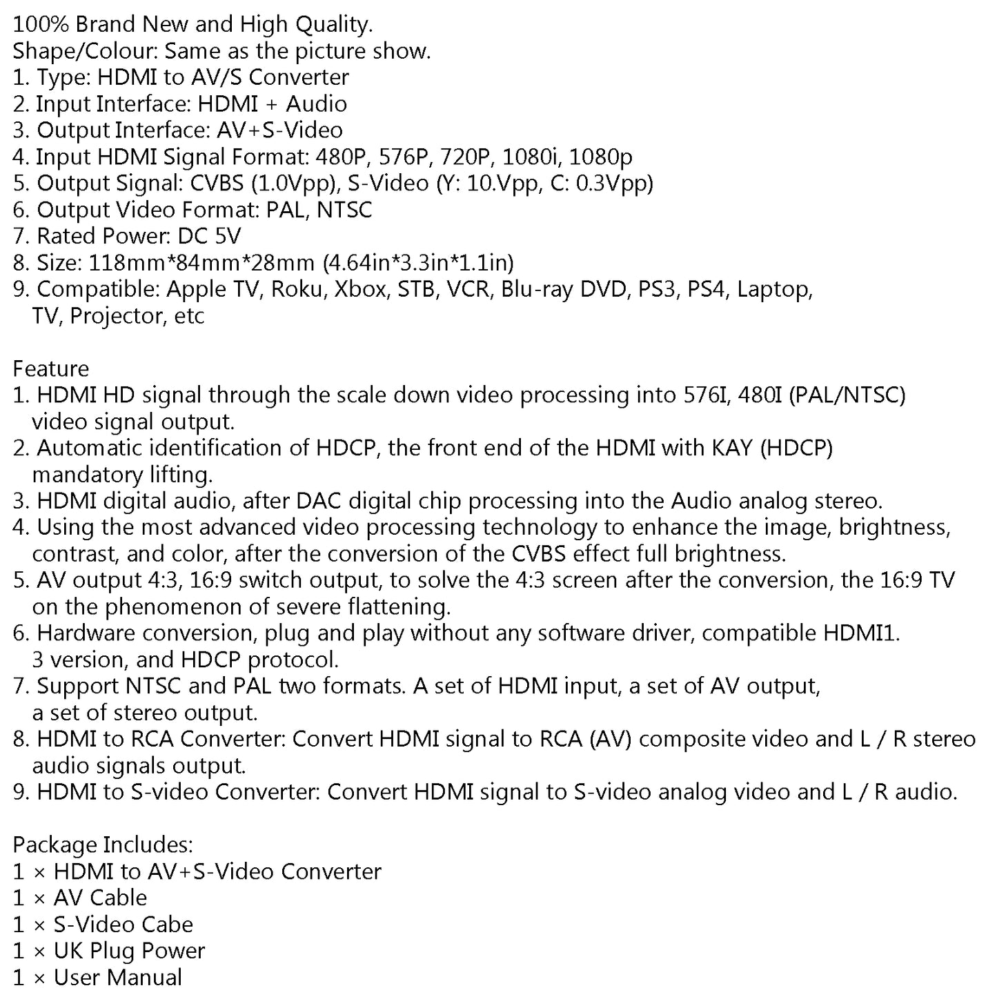 HDMI to 3 RCA AV+S-Video CVBS Composite R/L Audio 1080P Converter UK Plug Power