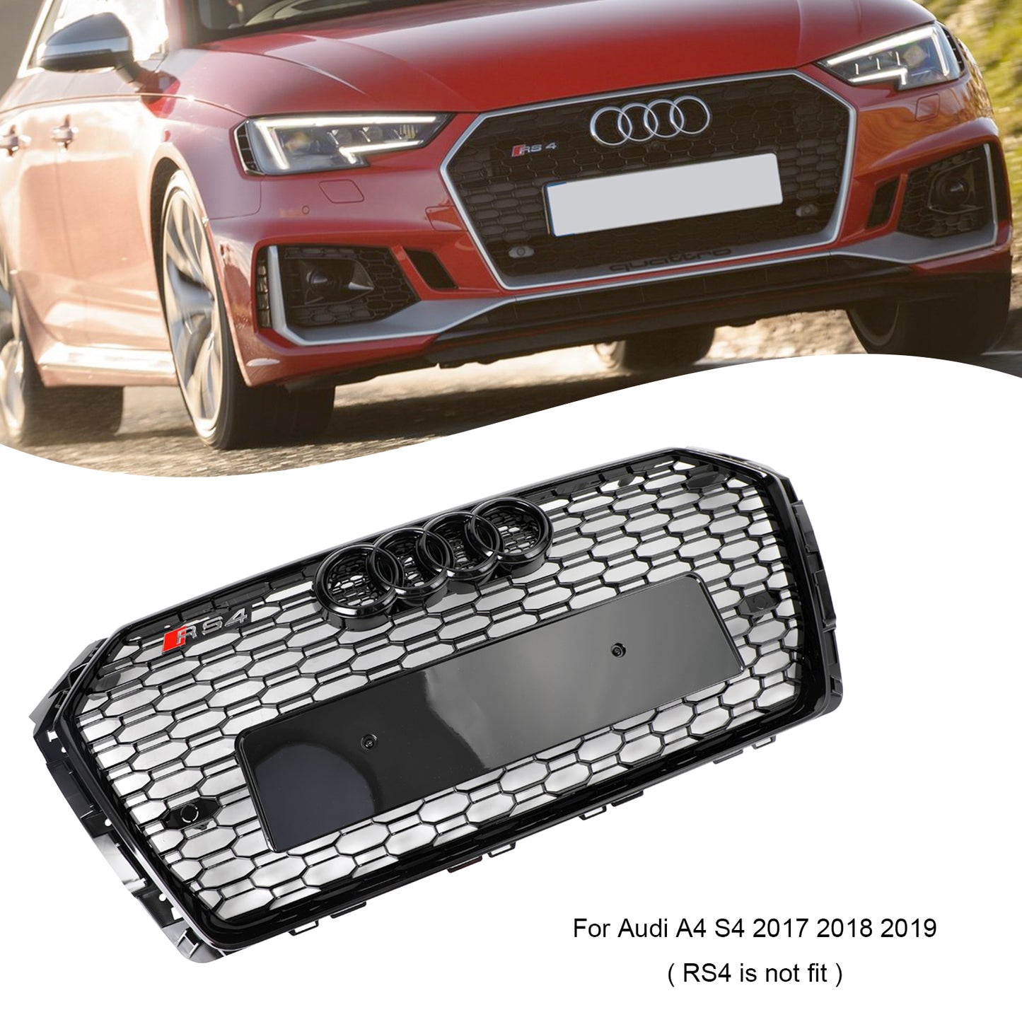2017-2019 Audi A4/S4 B9 Honeycomb Mesh Hex Grille Grill RS4 Style Black