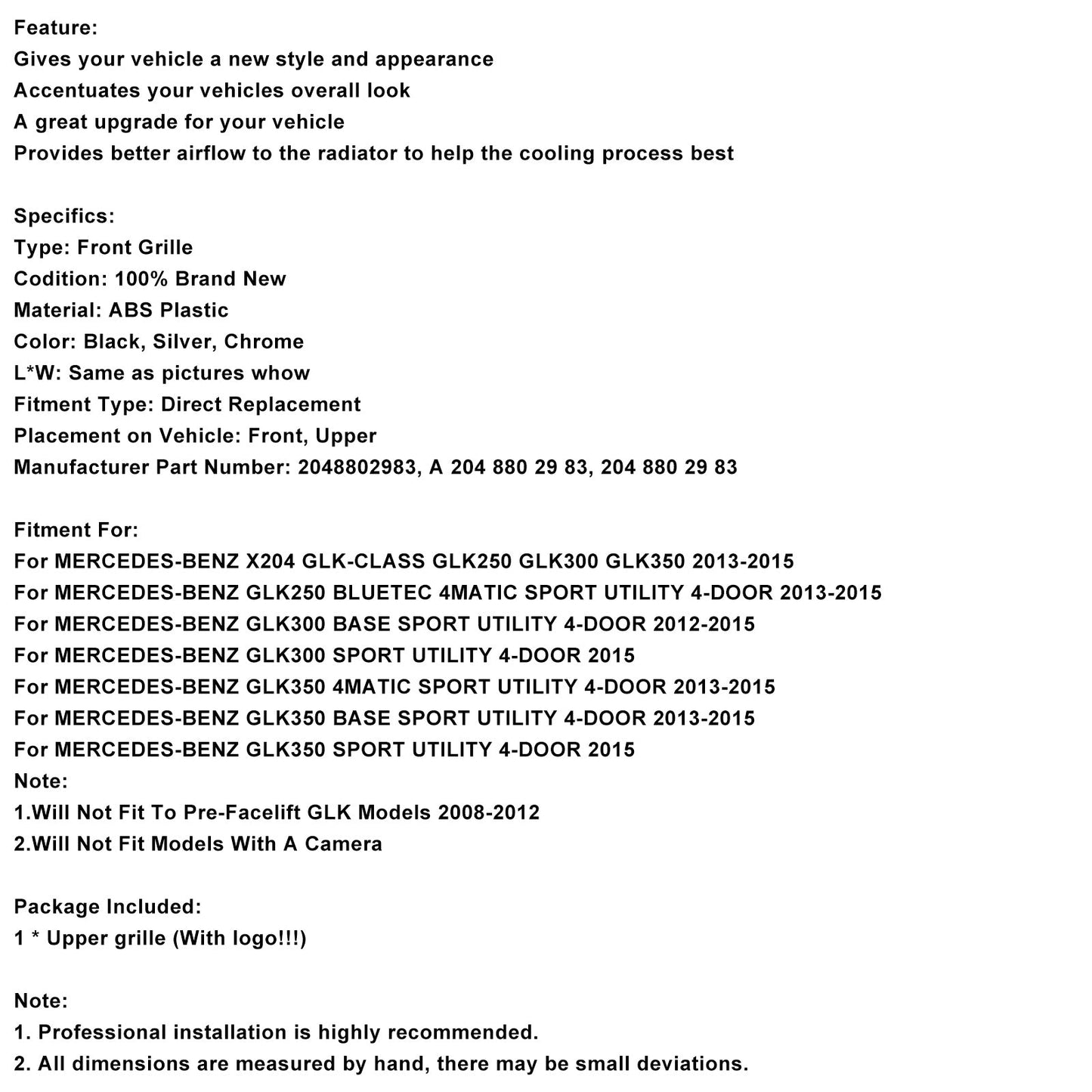 2013-2015 MERCEDES-BENZ X204 GLK-CLASS GLK250 GLK300 GLK350 Front Bumper Grill Grille Diamond