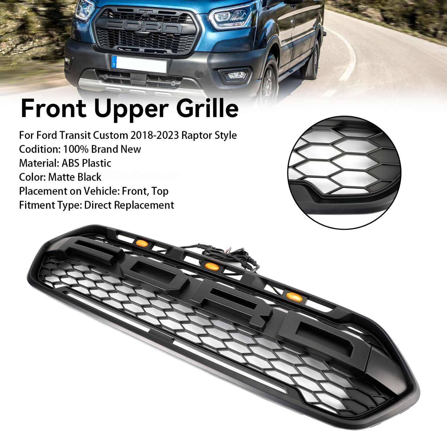 Raptor Style 2018-2023 Ford Transit Custom Trail W/ 3LED Matte Black Front Bumper Grille
