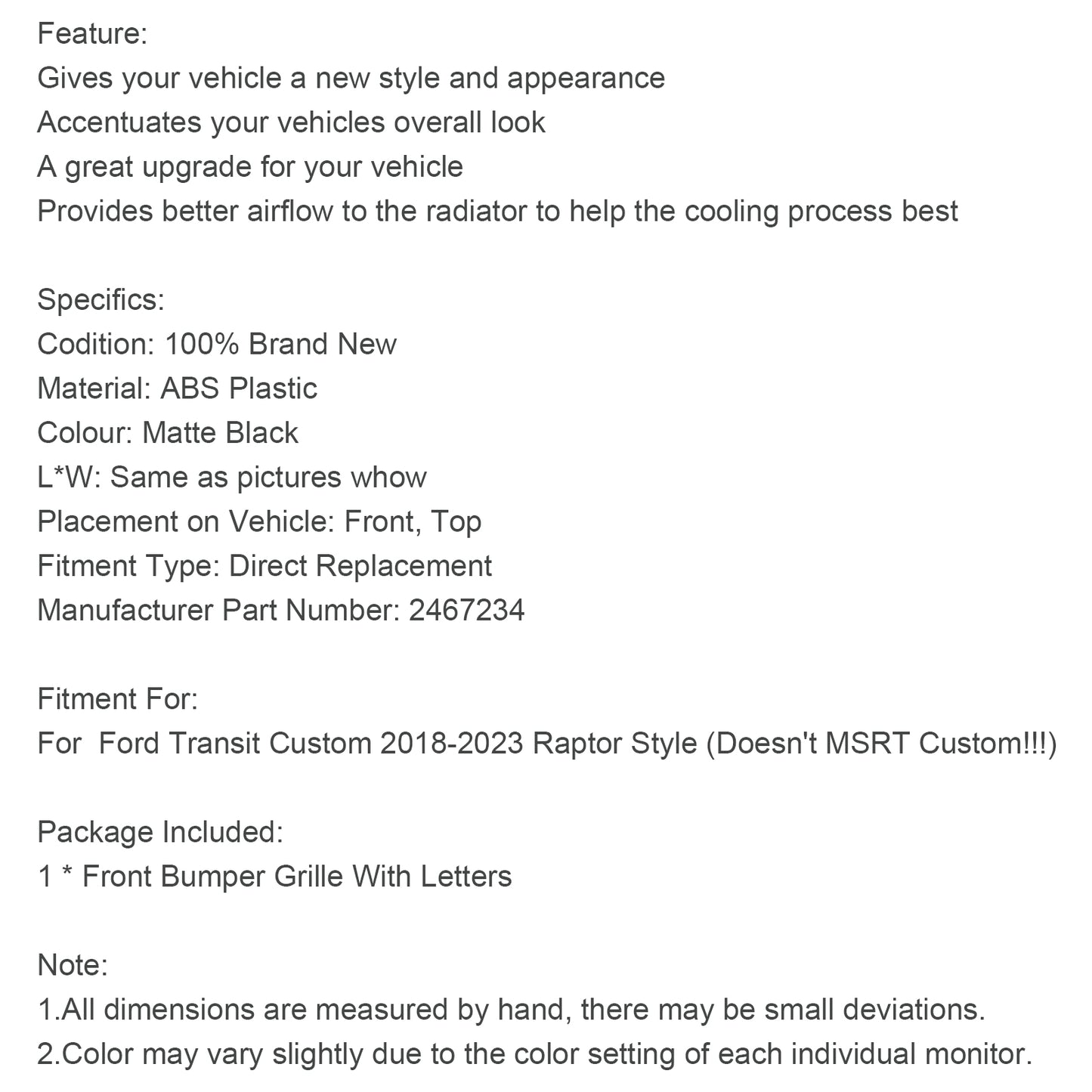 Raptor Style 2018-2023 Ford Transit Custom Trail W/ 3LED Matte Black Front Bumper Grille