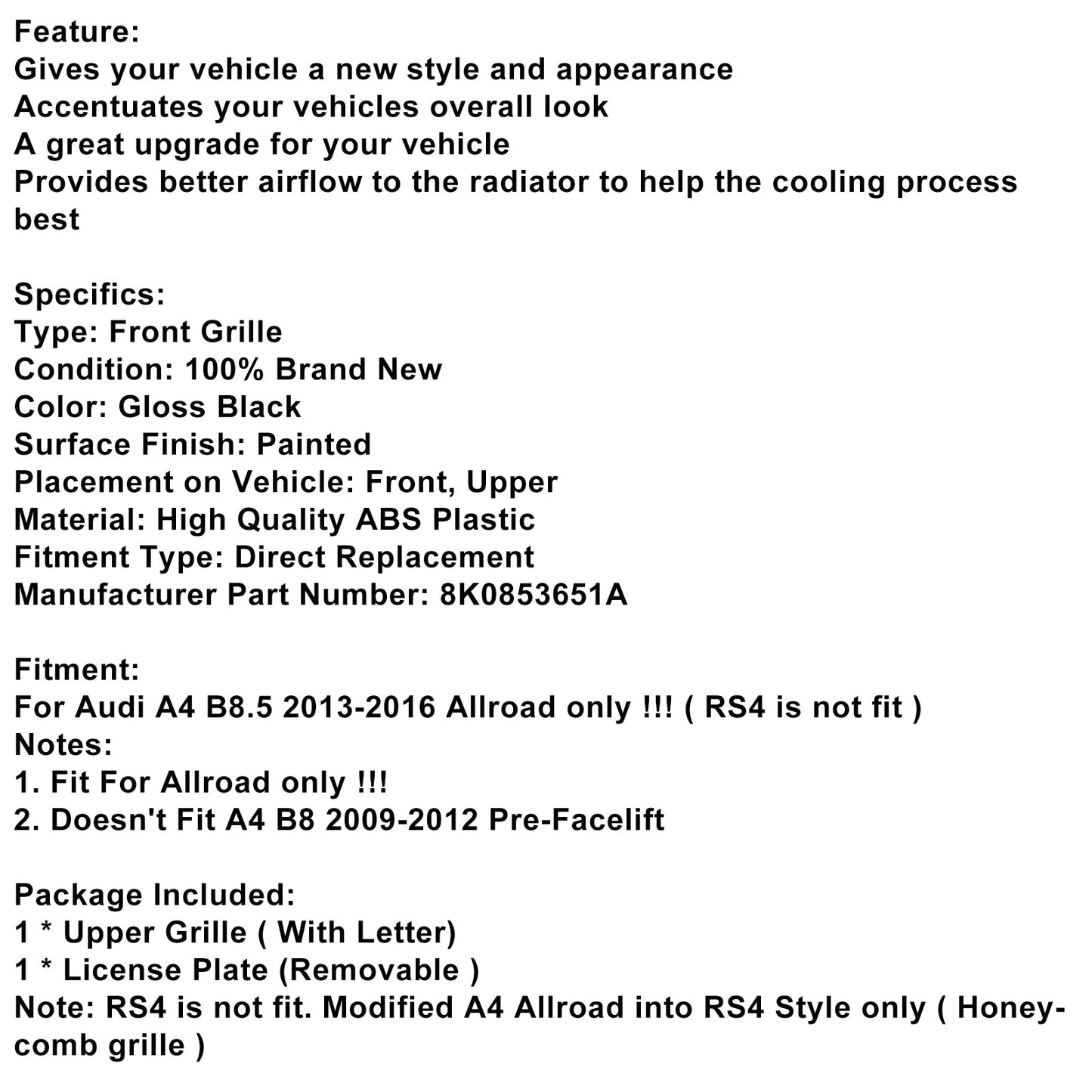 2013-2016 Audi A4 B8.5 Allroad only RS4 Style Front Bumper Grill Grille
