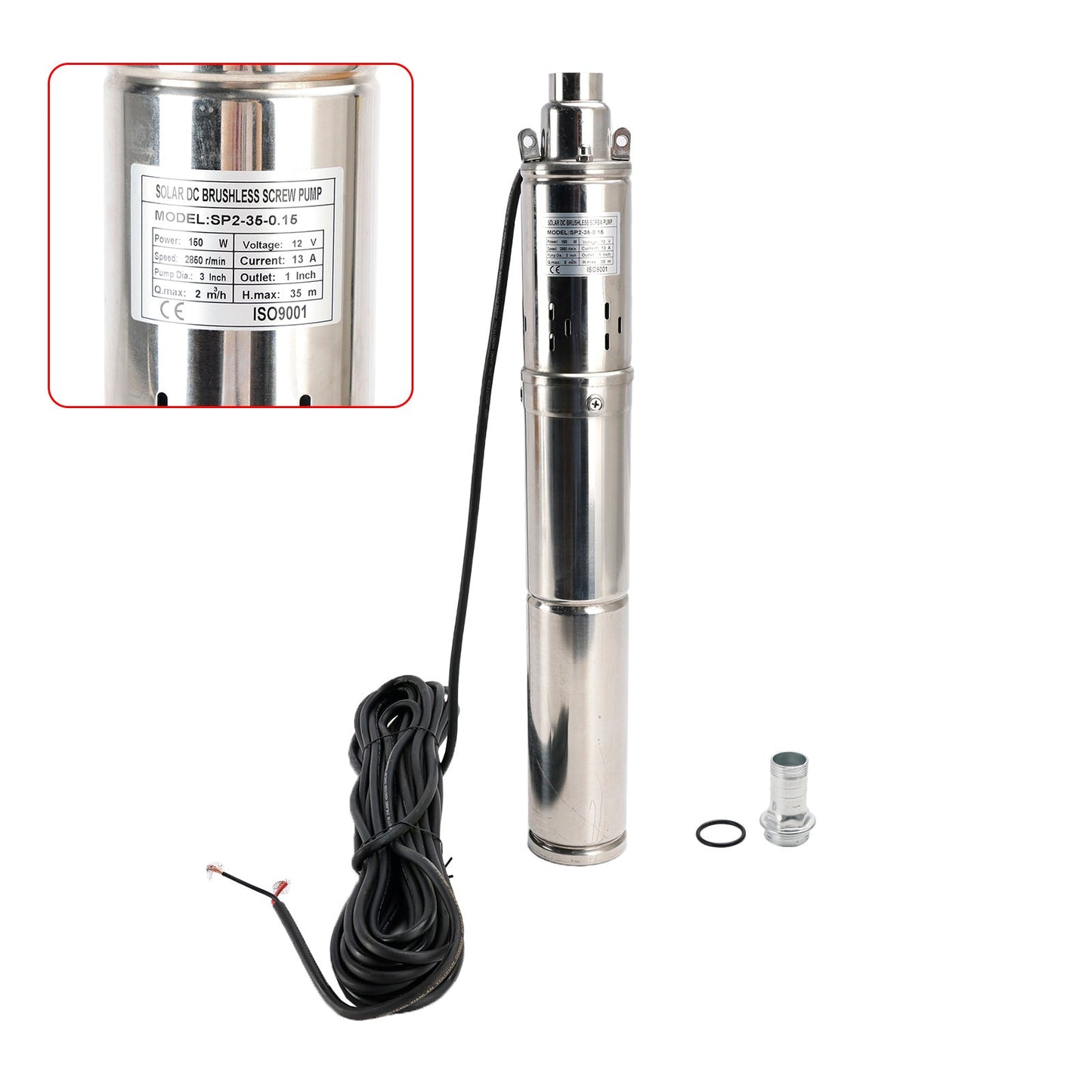 3" 12V 150W Deep Well Solar Submersible Bore Hole Water Pump Built-in MPPT