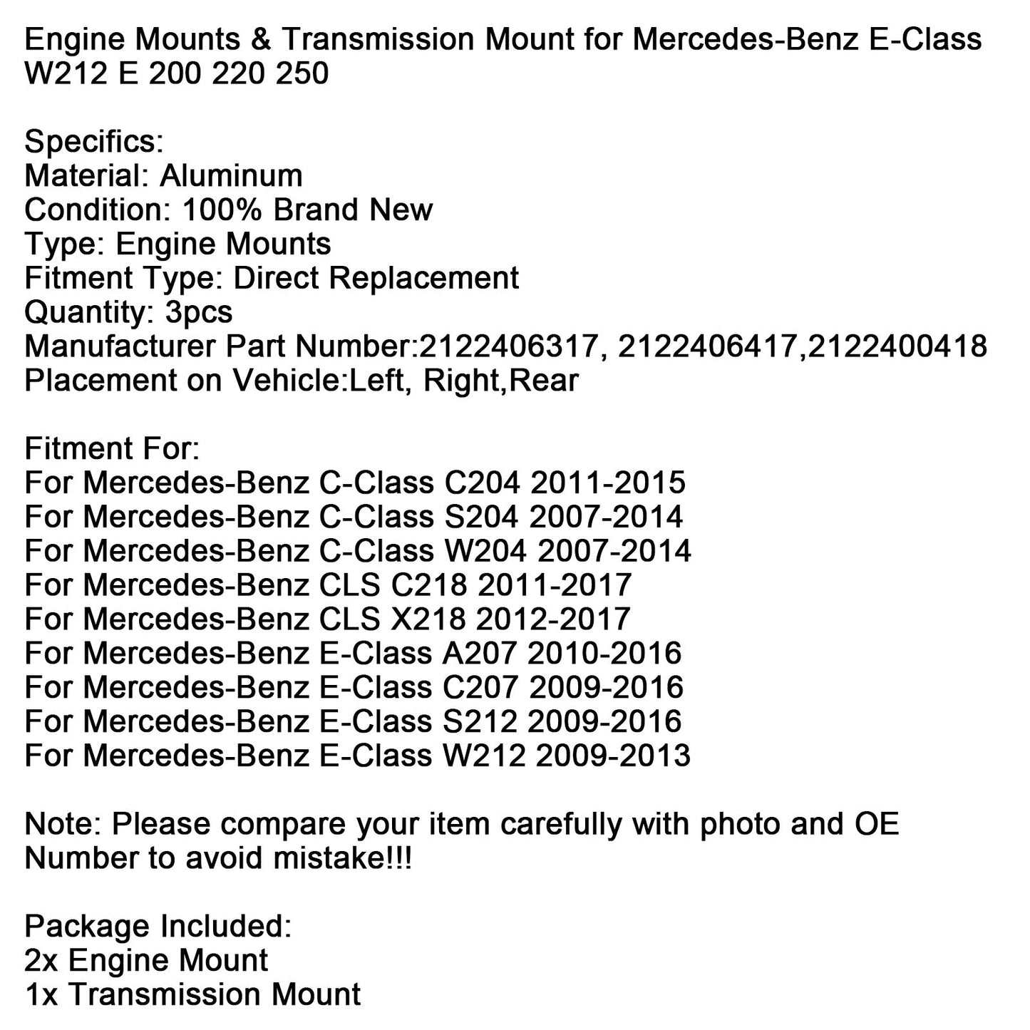 2007-2014 Mercedes-Benz C-Class W204 3x Engine Mounts & Transmission Mount 2122406417 2122400418