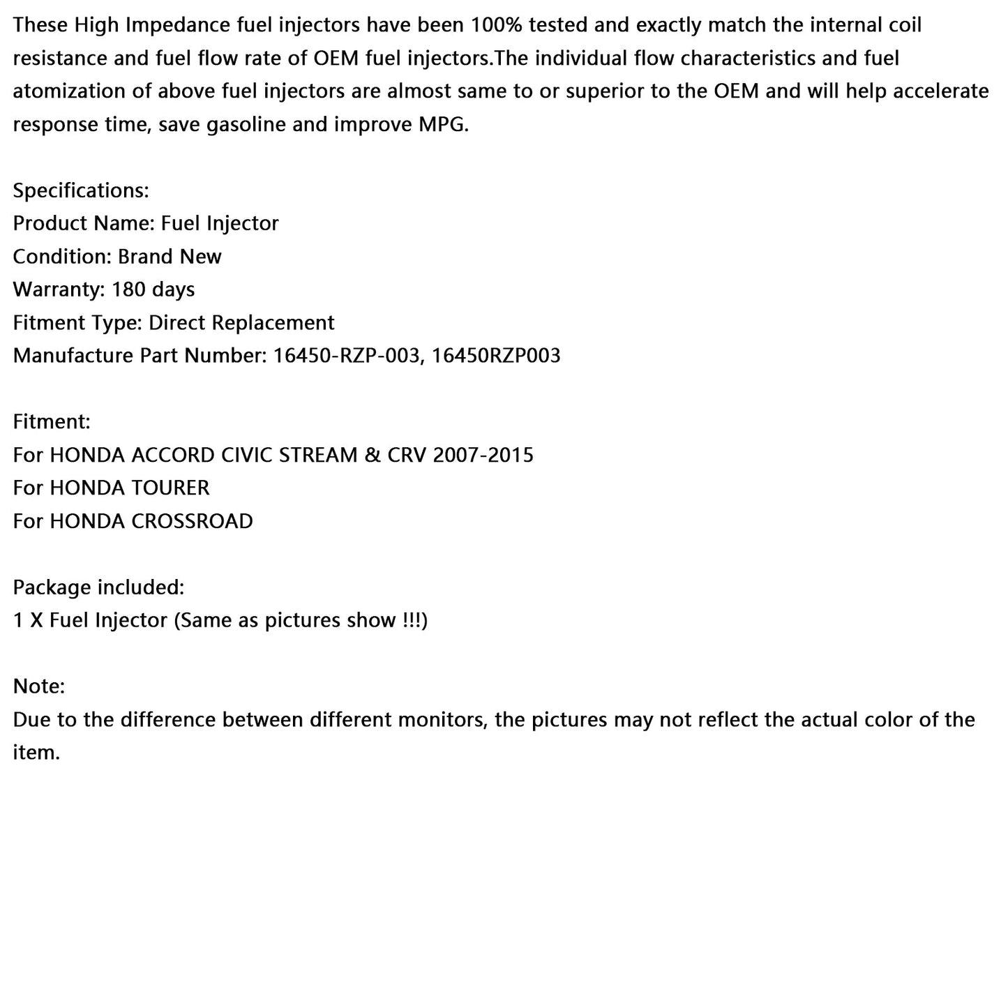 1PCS Fuel Injector 16450-RZP-003 Fit Honda Accord Civic Stream CRV Tourer 2.0L