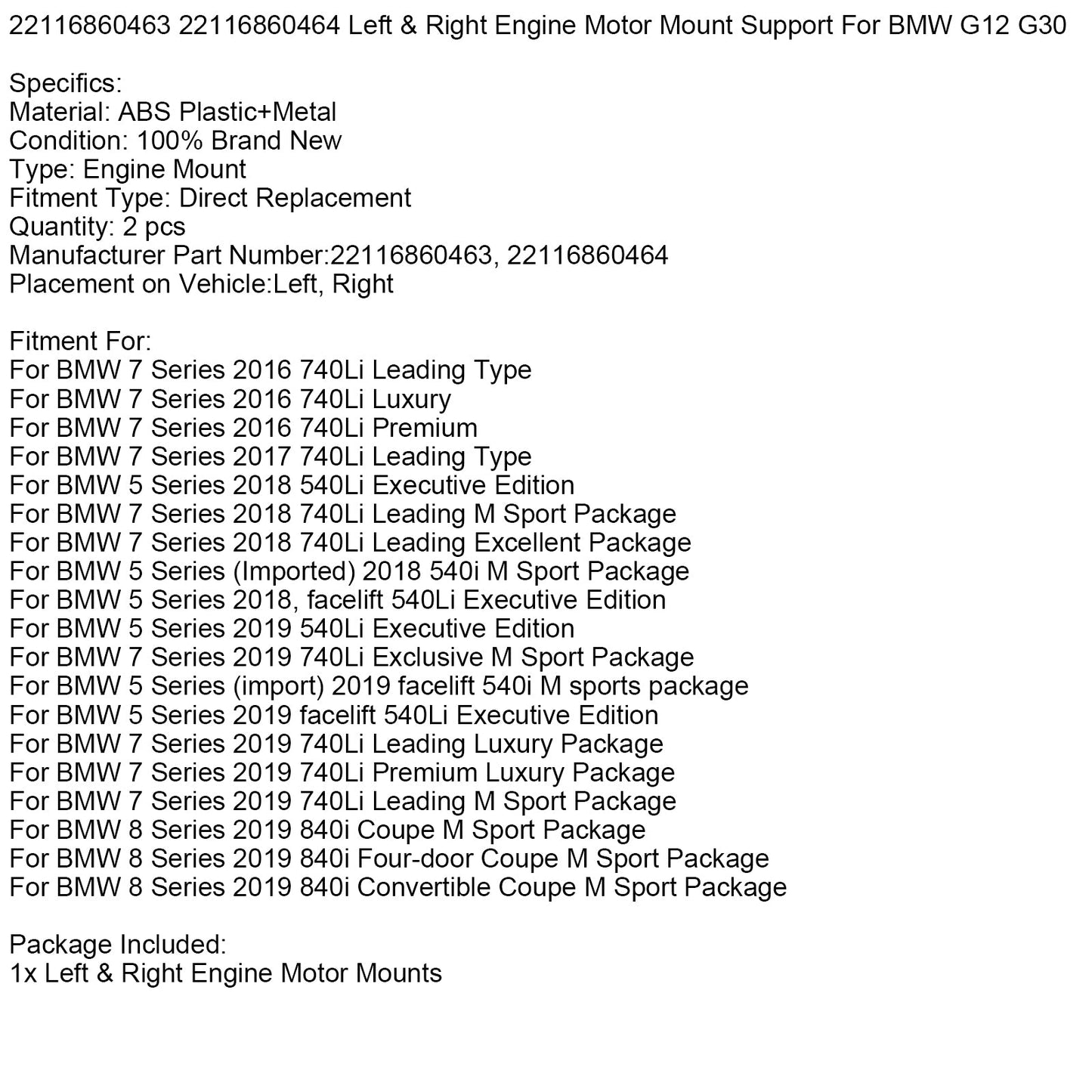 2019 BMW 5 Series facelift 540Li Executive Edition Left & Right Engine Motor Mount Support 22116860463 22116860464