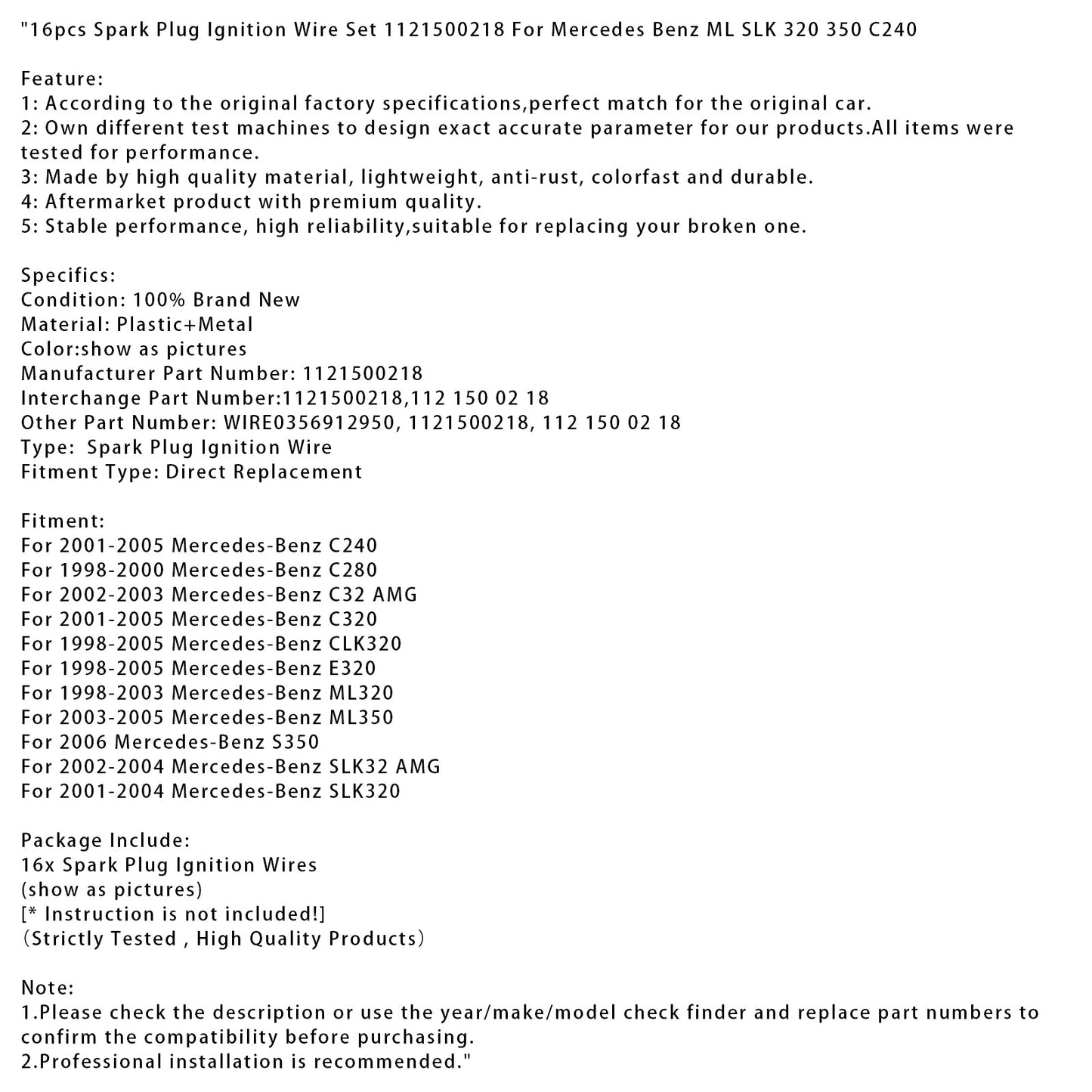 16pcs Spark Plug Ignition Wire Set 1121500218 For Mercedes Benz ML SLK 320 350