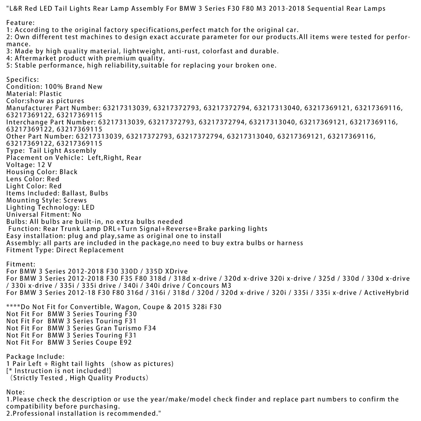 2012-2018 BMW 3 Series F30 F80 316d L&R Red LED Tail Lights Rear Lamp Assembly 63217313039 63217372793