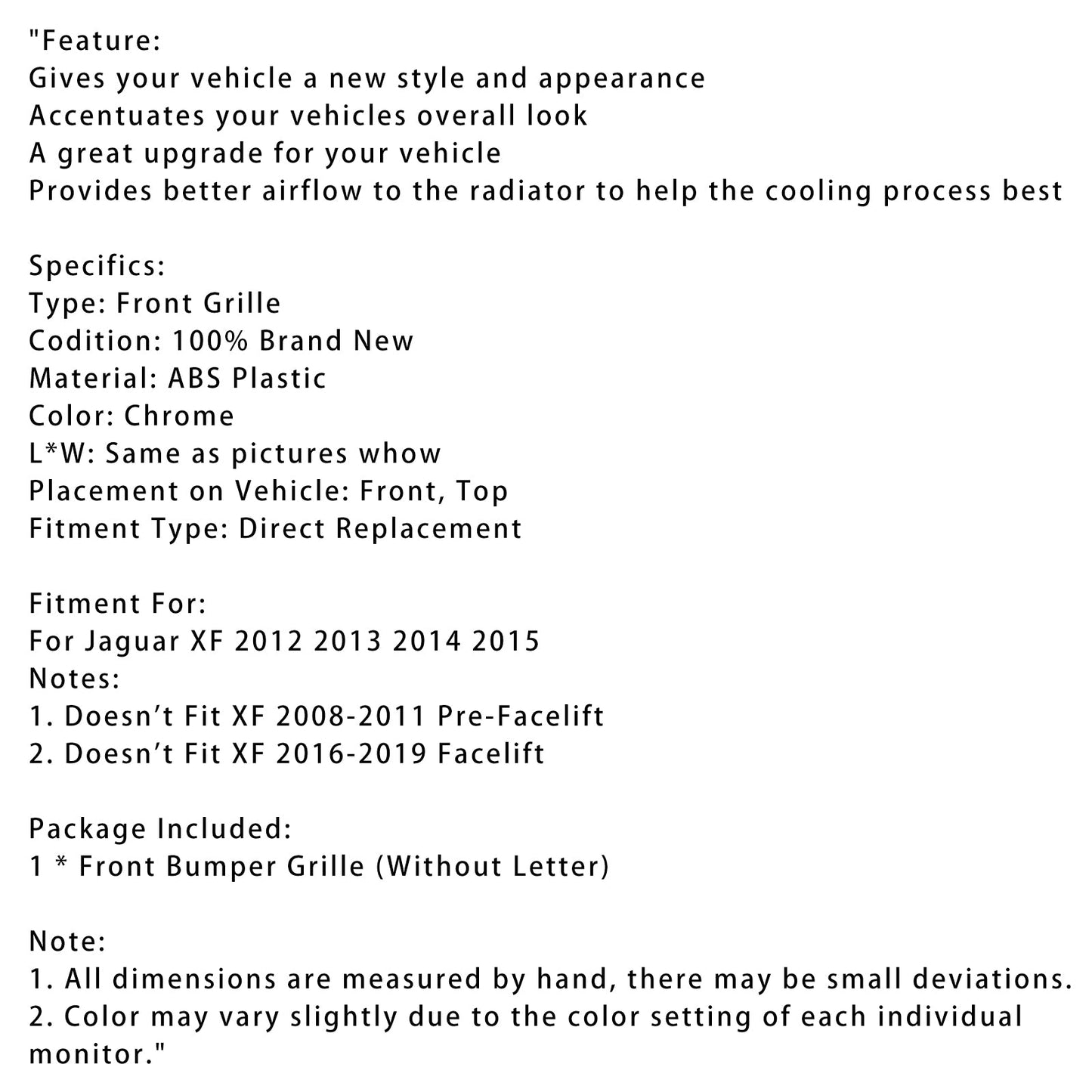 2012-2015 Jaguar XF XF-R Style Front Bumper Grill Grille Chrome